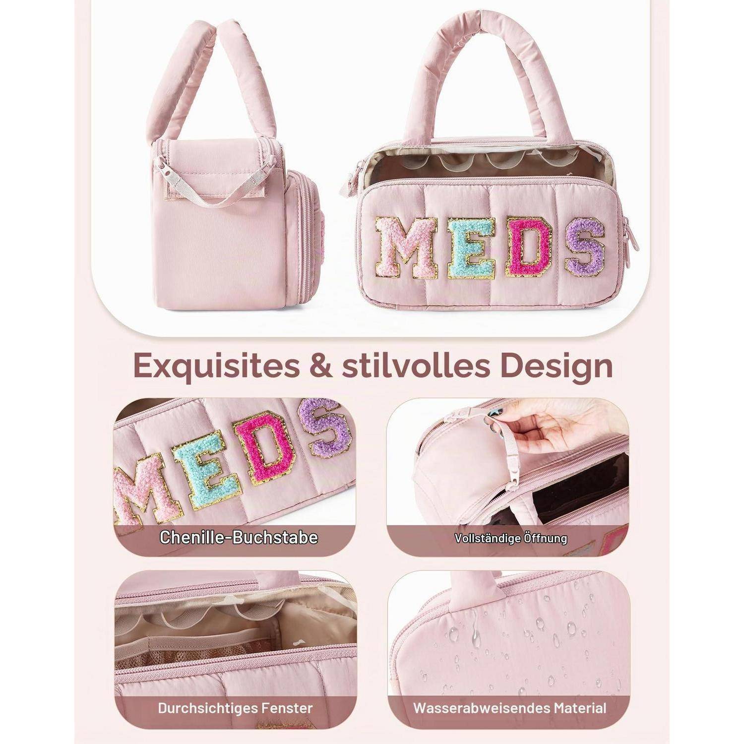 Rosa isolierte Lunchbox mit Griffgriff und Schultergurt, bestickt mit "MEDS"" auf der Vorderseite, gezeigt mit offener Reißverschluss, transparentem Fenster und Details aus wasserabweisendem Material.