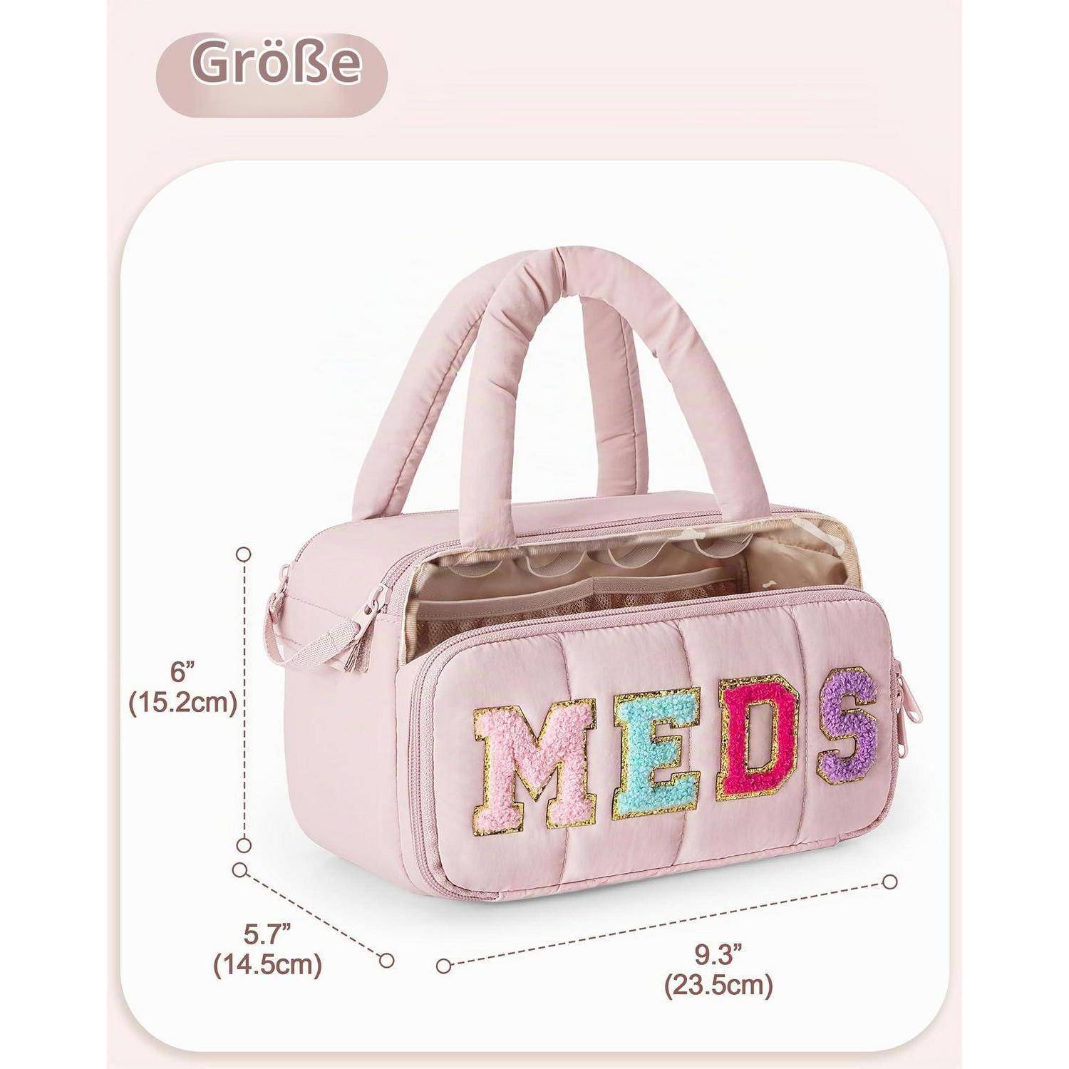Rosa isolierte Lunchbox mit Griffen und Vordertasche mit der Stickerei "MEDS""; Größe gekennzeichnet als 6 in x 5,7 in x 9,3 in.