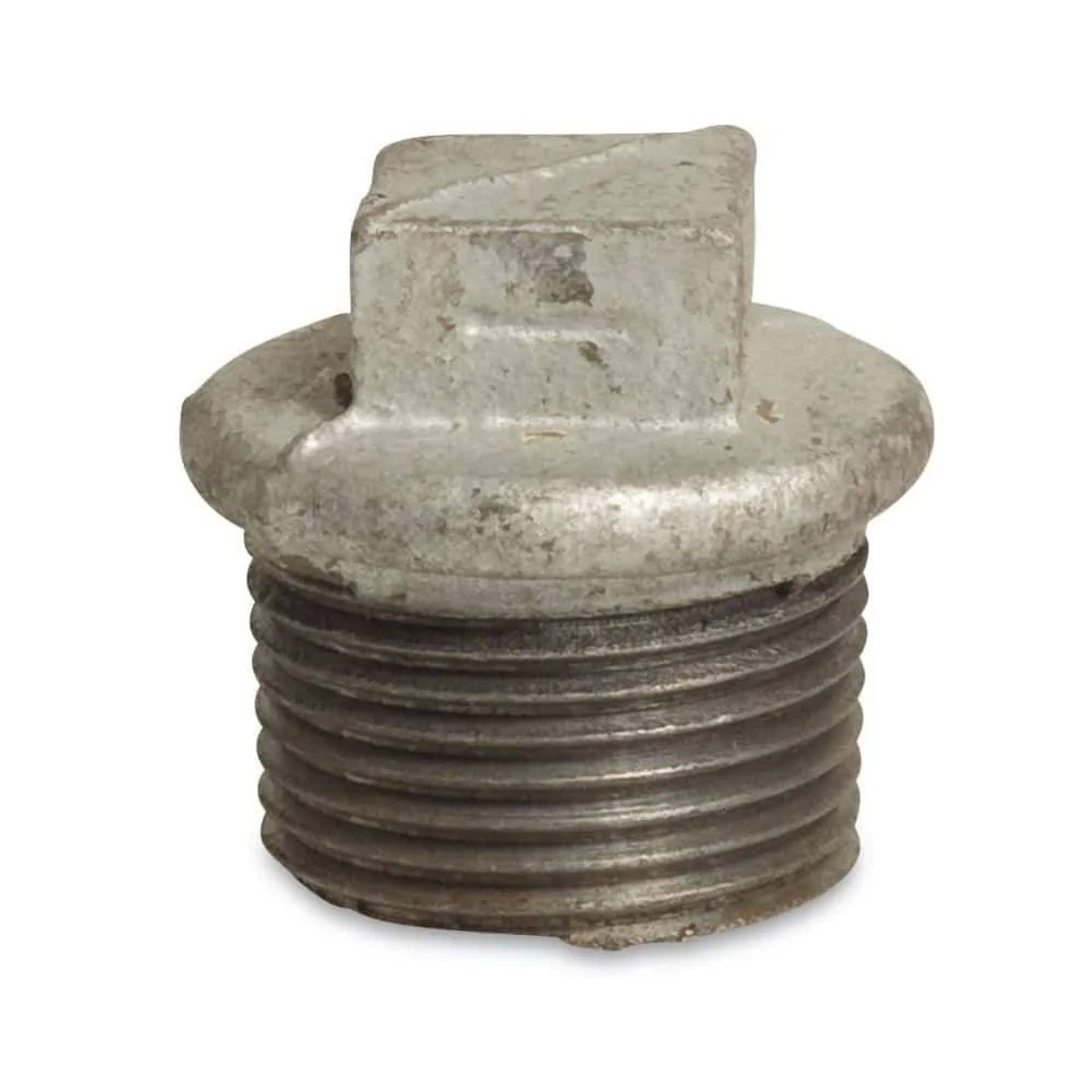 Nahaufnahme eines Metallgewinderöhrenstöpsels mit quadratischem Kopf und Flansch auf weißem Hintergrund.