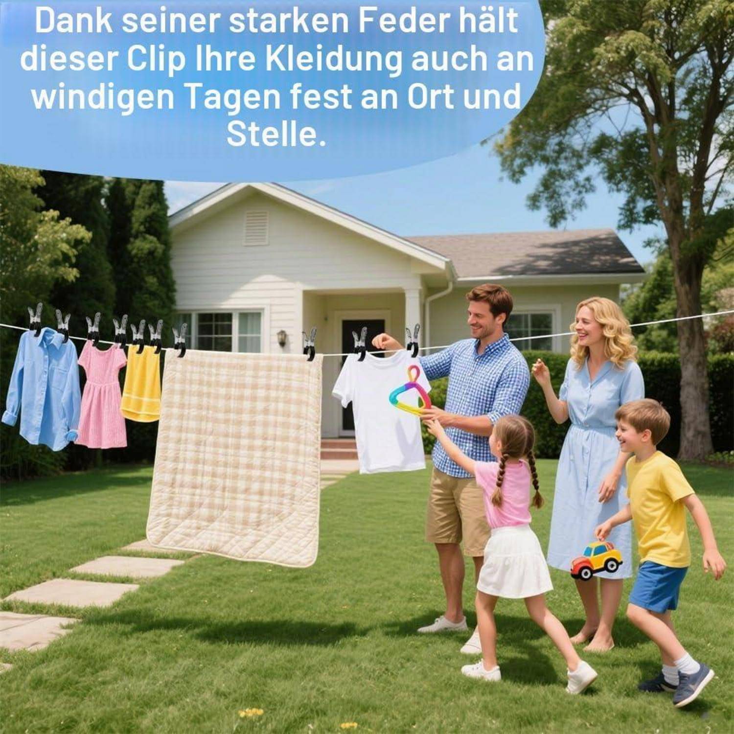 Familie hängt Wäsche auf einer Wäscheleine außerhalb eines Hauses auf; der deutsche Text besagt, dass die starke Feder des Clips die Wäsche an windigen Tagen sicher hält.