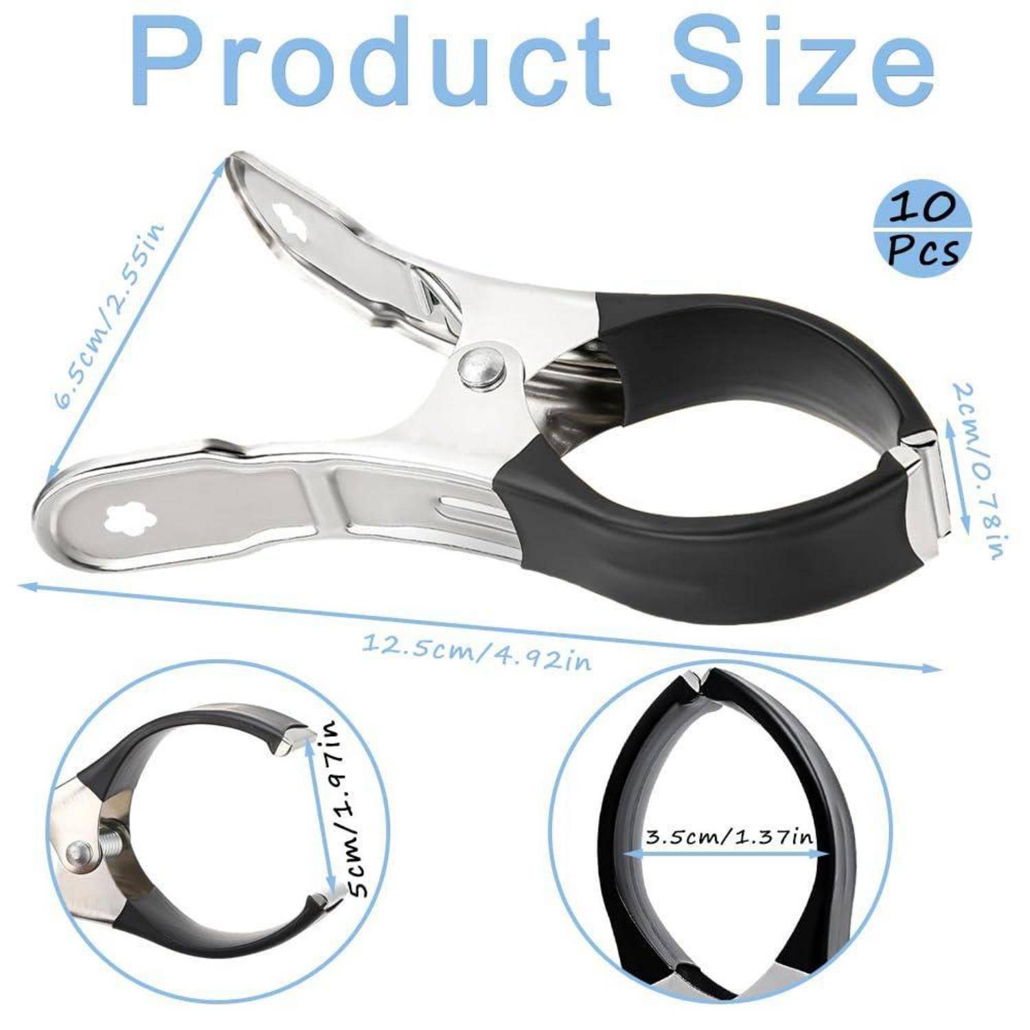 Produktgrößendiagramm für eine Haustierkrallenschere, die das Werkzeug und Messungen zeigt: 12,5 cm lang, 6,5 cm Klingenlänge, 2 cm Griffbreite, 5 cm Ringdurchmesser und 10er-Set.