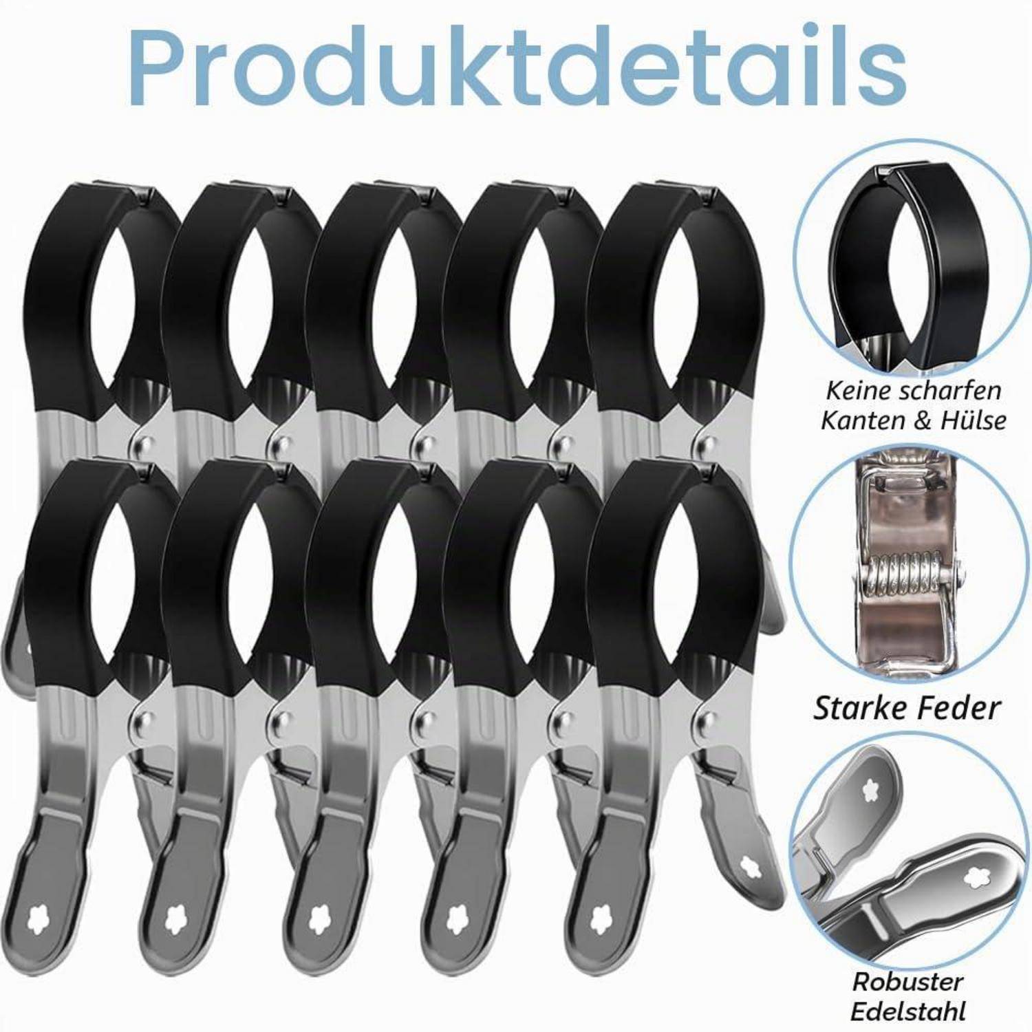 Produktdetailbild mit 10 schwarz-silbernen Clips; Hinweise besagen „Keine scharfen Kanten & Hülse", „Starke Feder"" und „Robuster Edelstahl"".