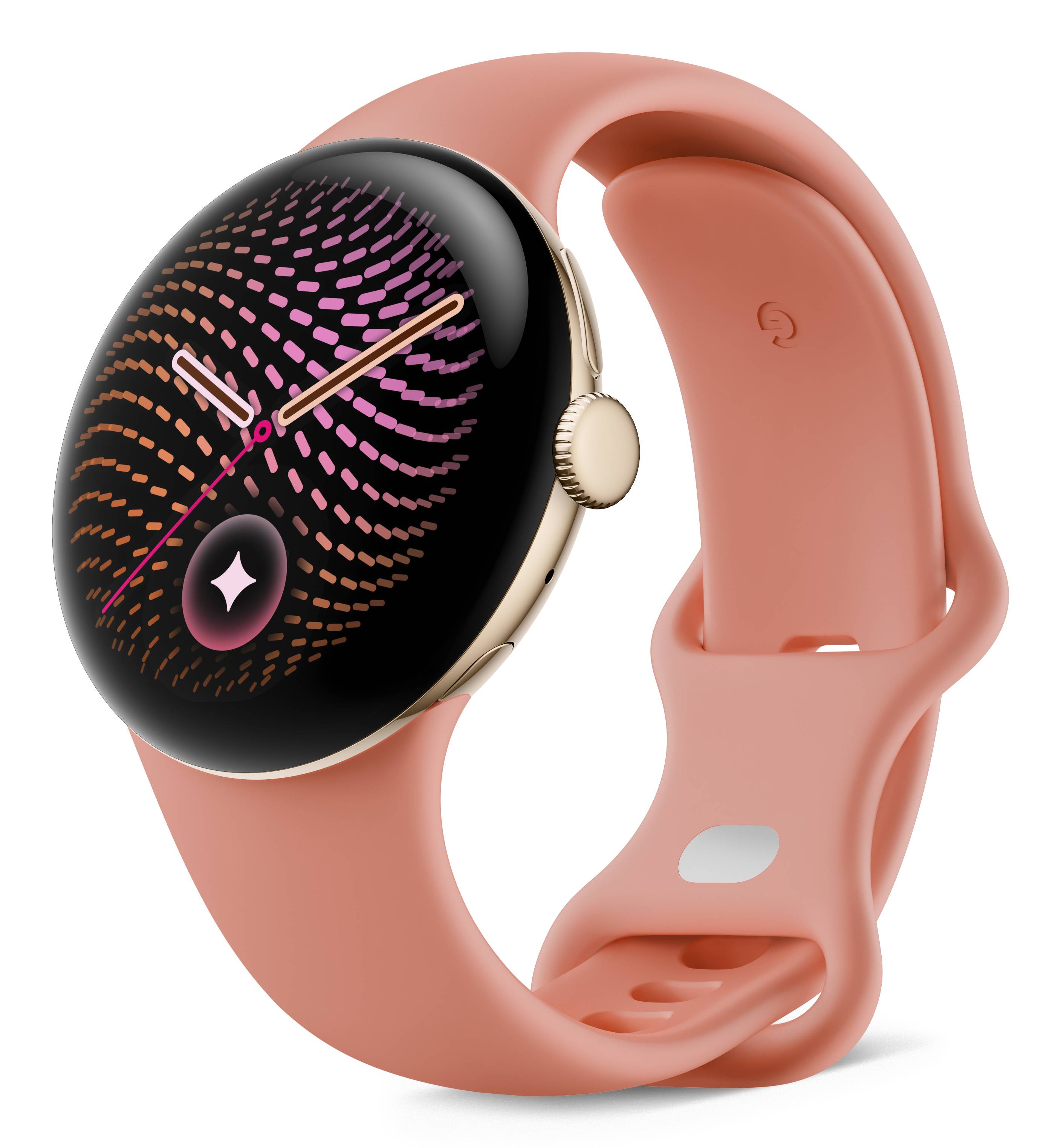 Rosa Smartwatch mit rundem schwarzem Display, das ein farbenfro­hes abstraktes Wellenmuster zeigt, und goldenen Akzenten auf einem passenden rosa Armband.