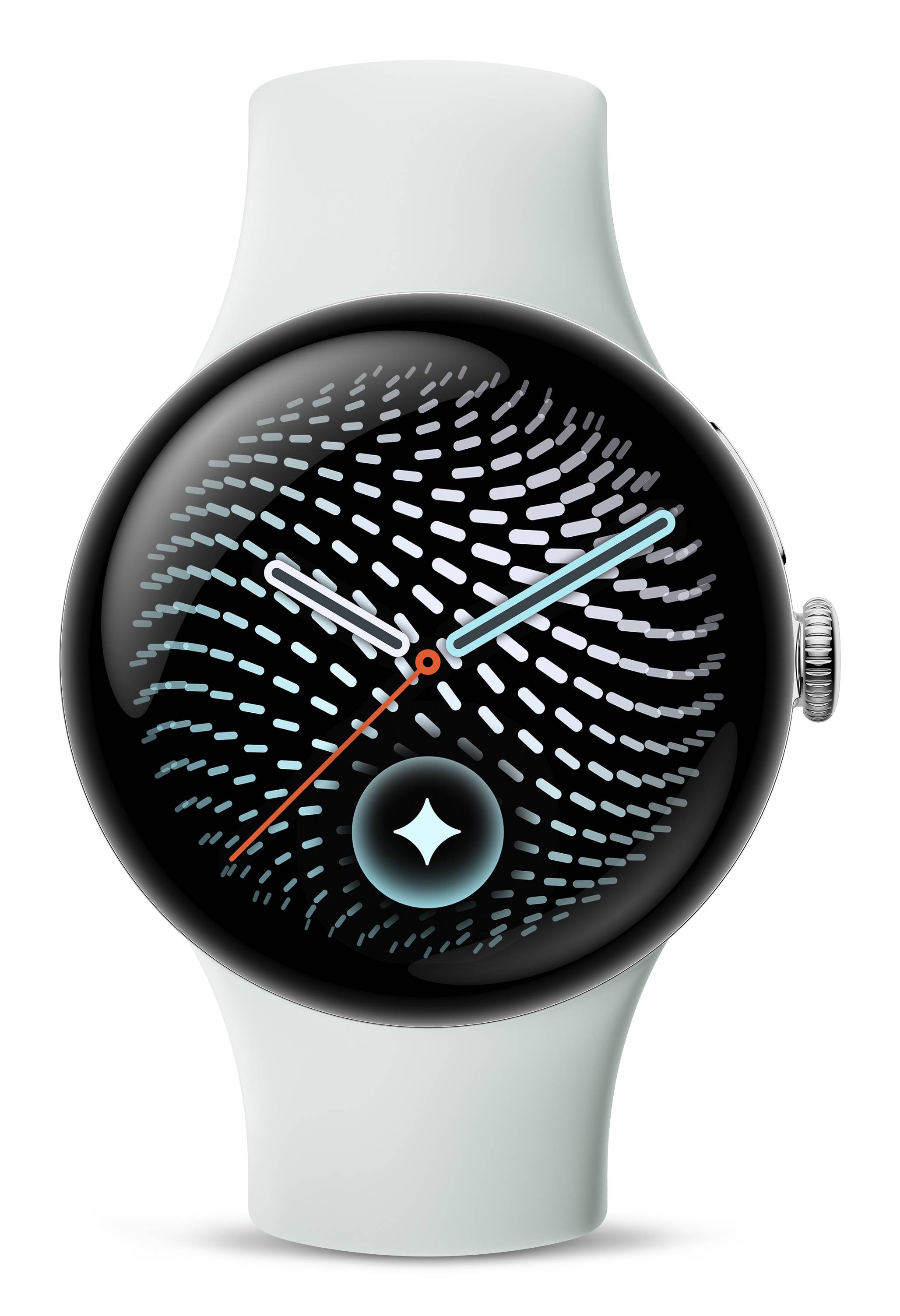 Apple Watch mit schwarzem wirbelndem Mustergesicht, blauen und roten analogen Zeigern und einem zentralen Sternsymbol auf einem hellgrauen Armband.