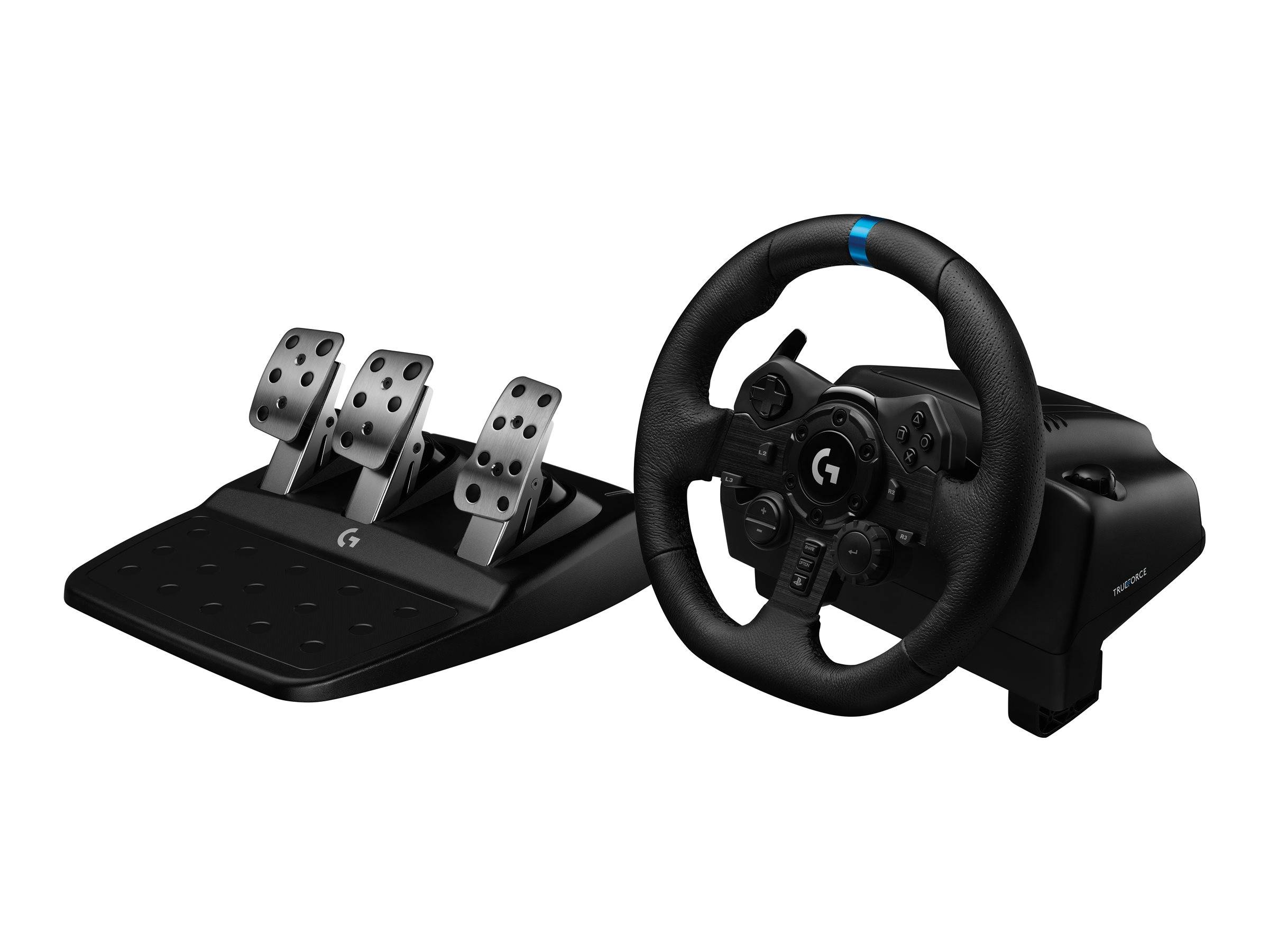 Gaming-Lenkrad und Pedalsatz, gezeigt mit drei Metall-Pedalen auf einer Basis und einem angebrachten Lenkrad-Controller für Rennspiele.