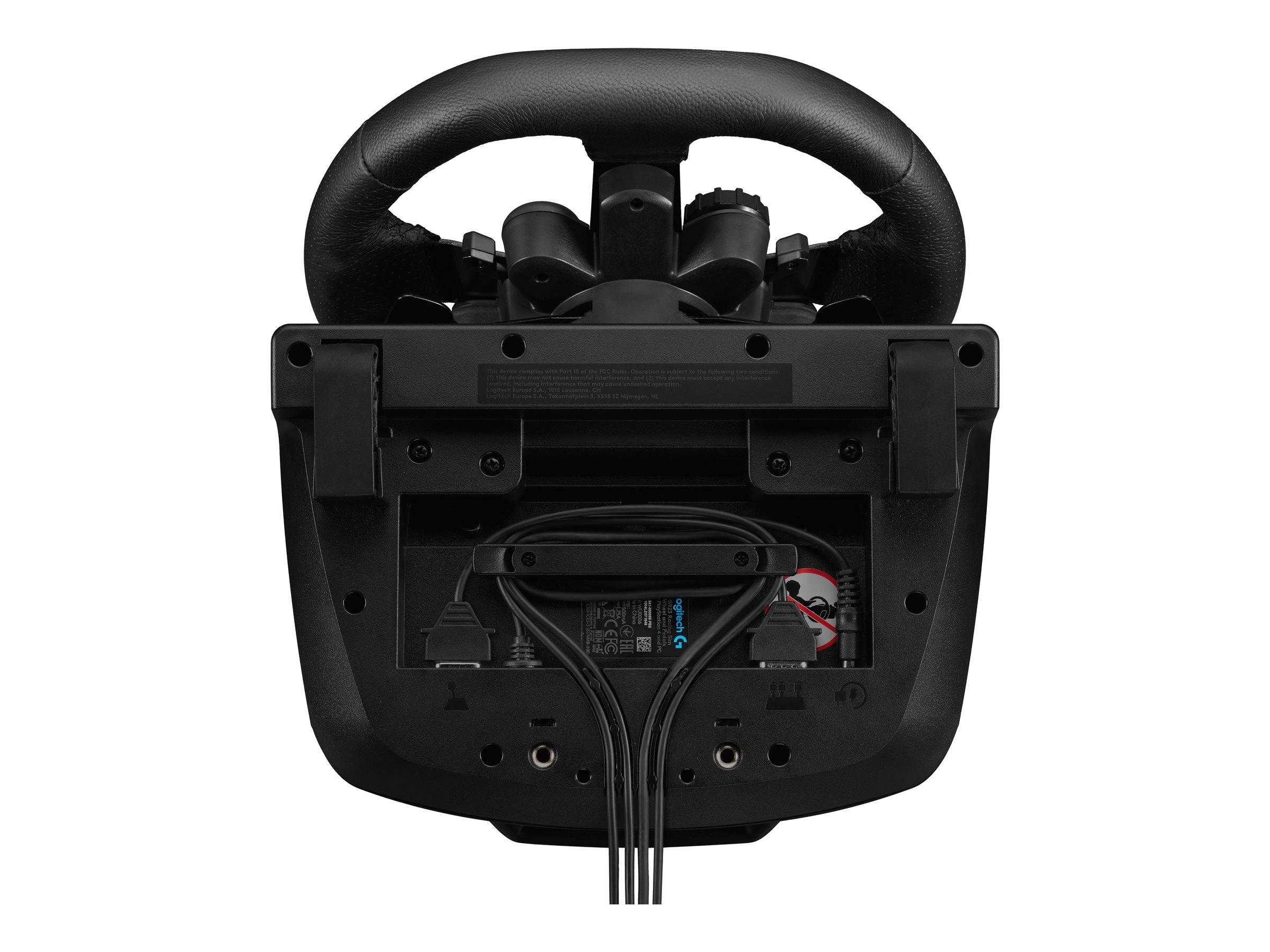 Rückansicht eines schwarzen Racing-Lenkradcontrollers mit montierten Tasten, Verkabelung und Kabelverbindungen auf weißem Hintergrund.