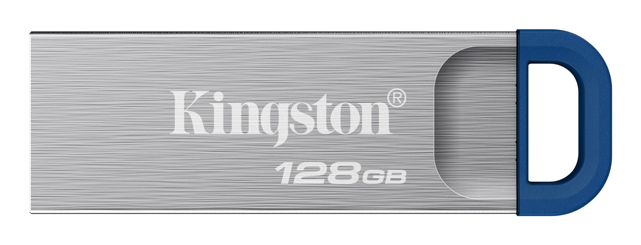 Kingston USB-Speicherstick 128GB mit silbernem Gehäuse und blauer Kappe