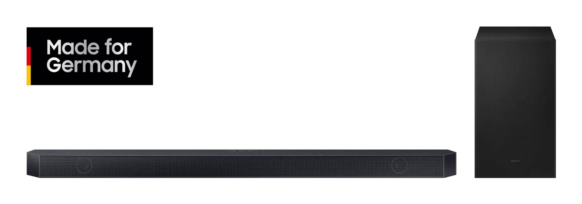 Schwarze Soundbar und passender Subwoofer nebeneinander abgebildet, mit einem „Made for Germany