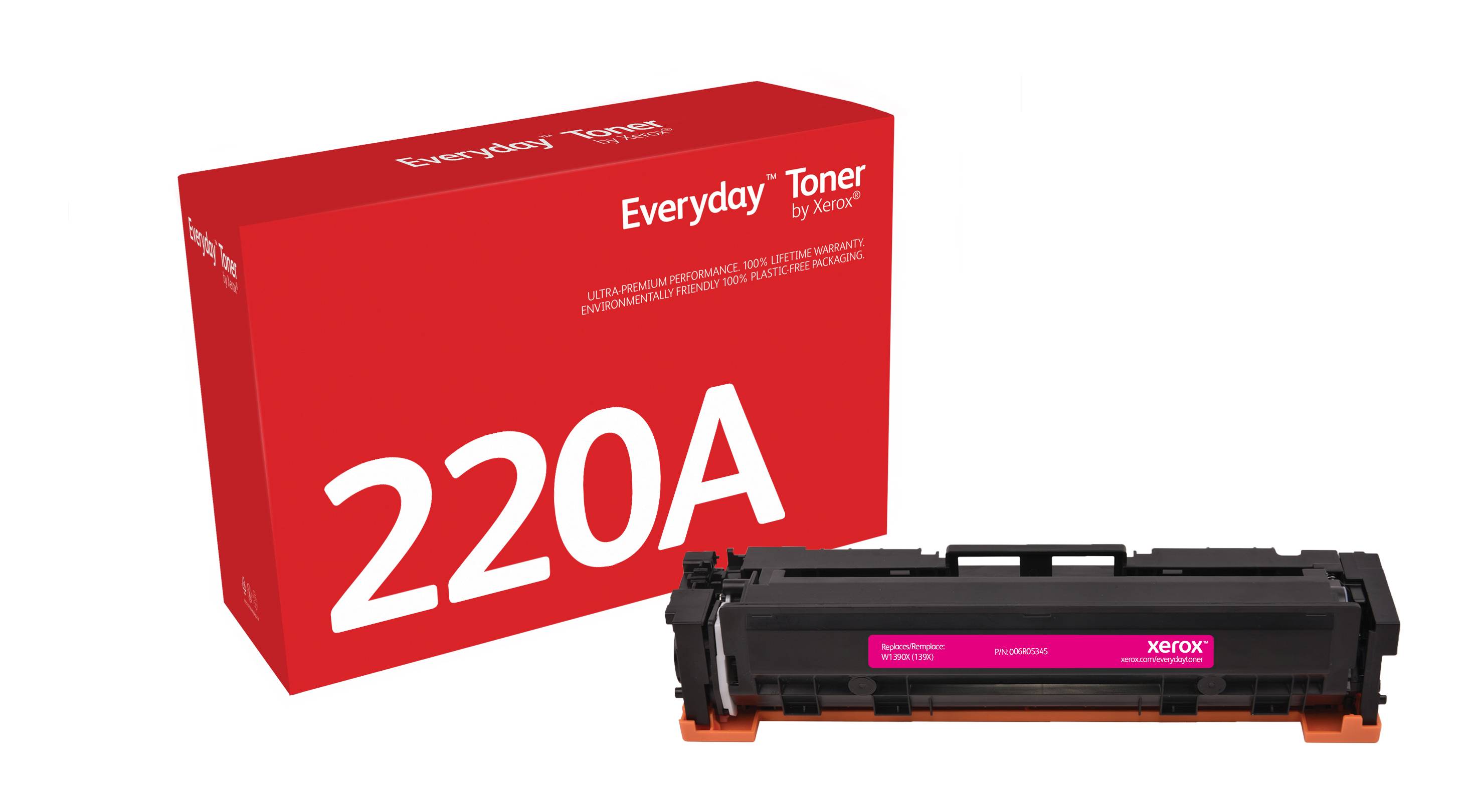Rote Xerox Everyday Toner 220A Tonerkartusche in einer Box mit einer übereinstimmenden schwarzen Tonerkartusche vorne auf weißem Hintergrund.