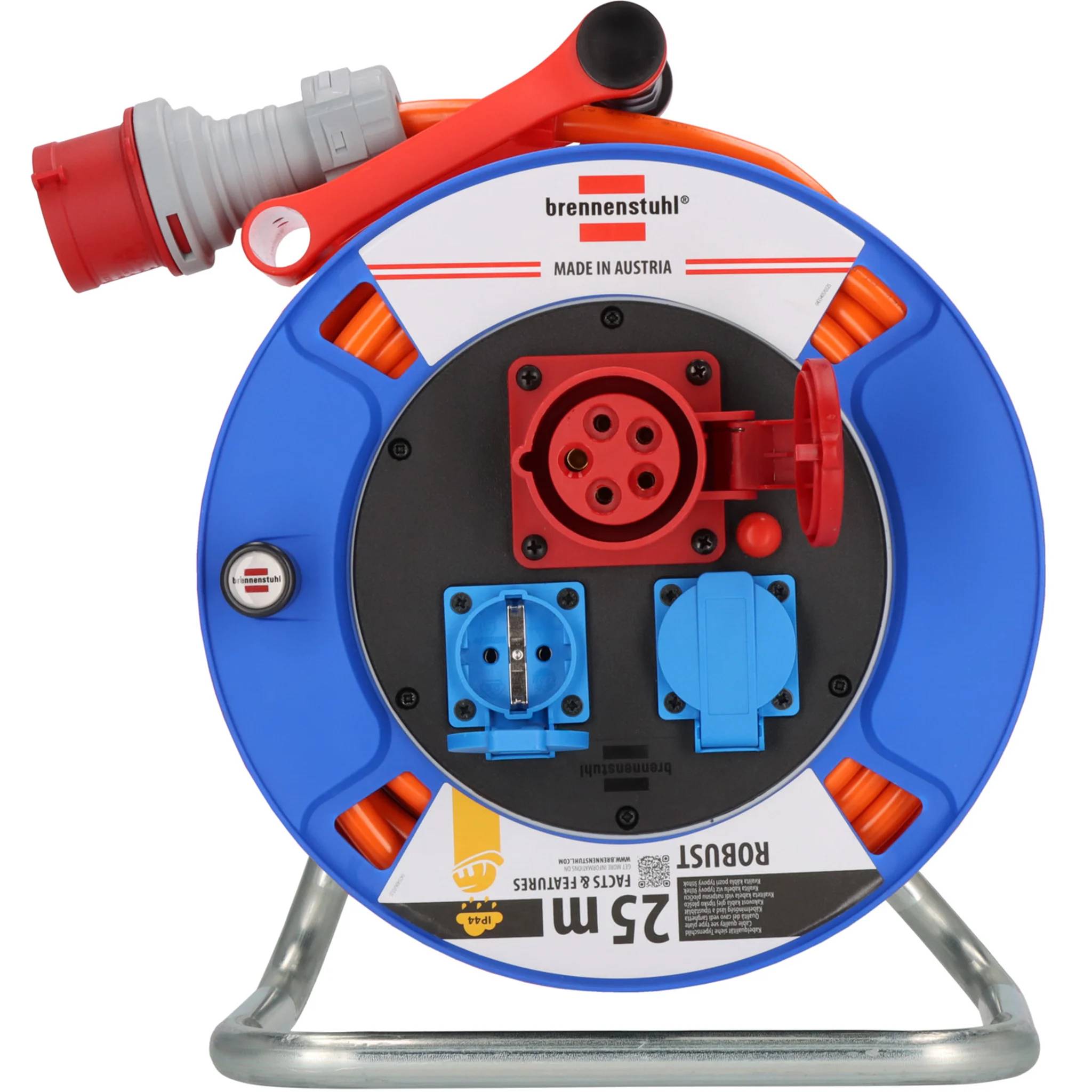 Tragbare blaue Kabelrolle mit mehreren Steckdosen und rotem Industriestecker, gekennzeichnet mit 'brennenstuhl' und '25m', auf einem Metallständer.