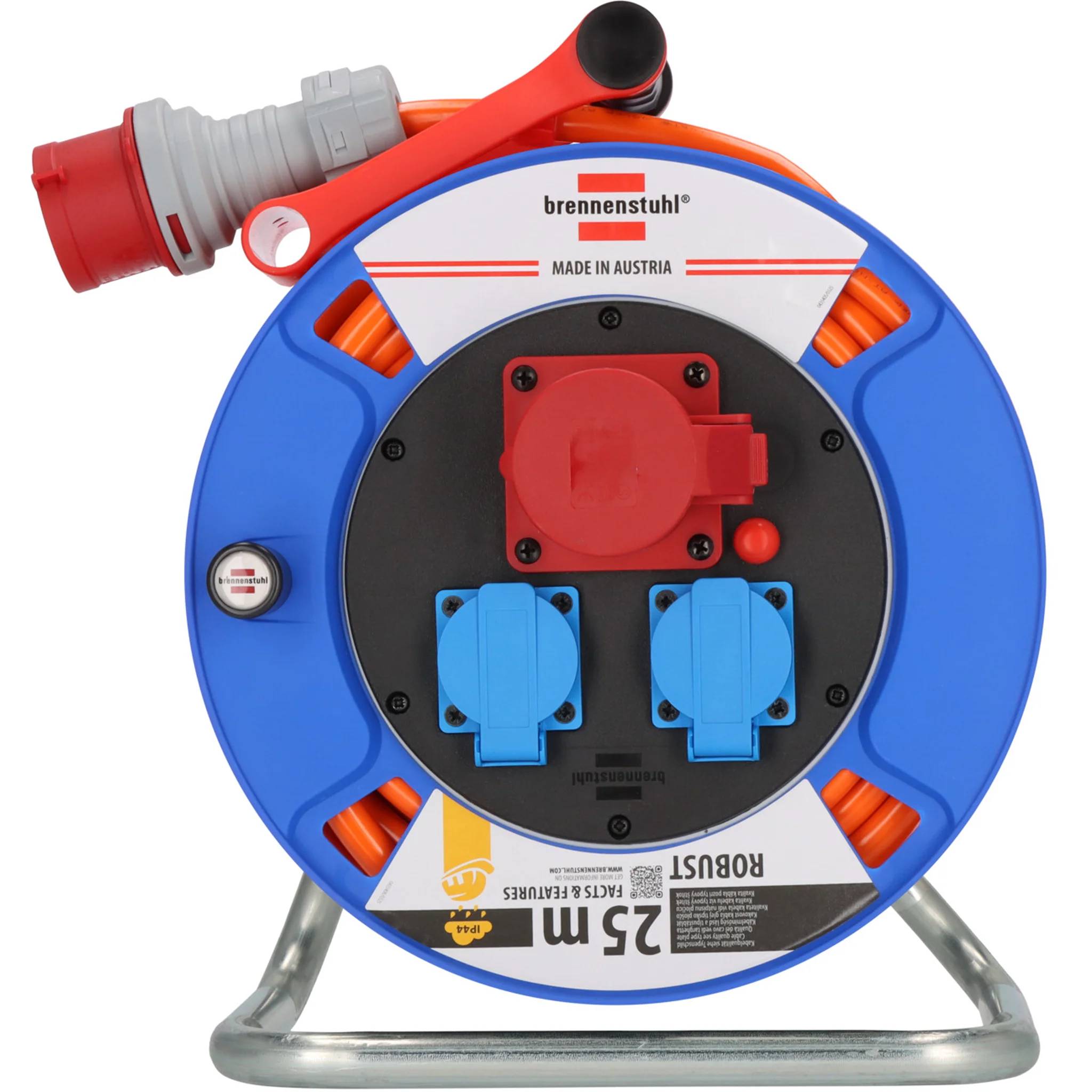 Tragbare blaue Kabelrolle mit roten und blauen Steckdosen, zentraler roter Steckdosenabdeckung und orangefarbenem Kabel, gekennzeichnet mit „brennenstuhl" und „25 m"".