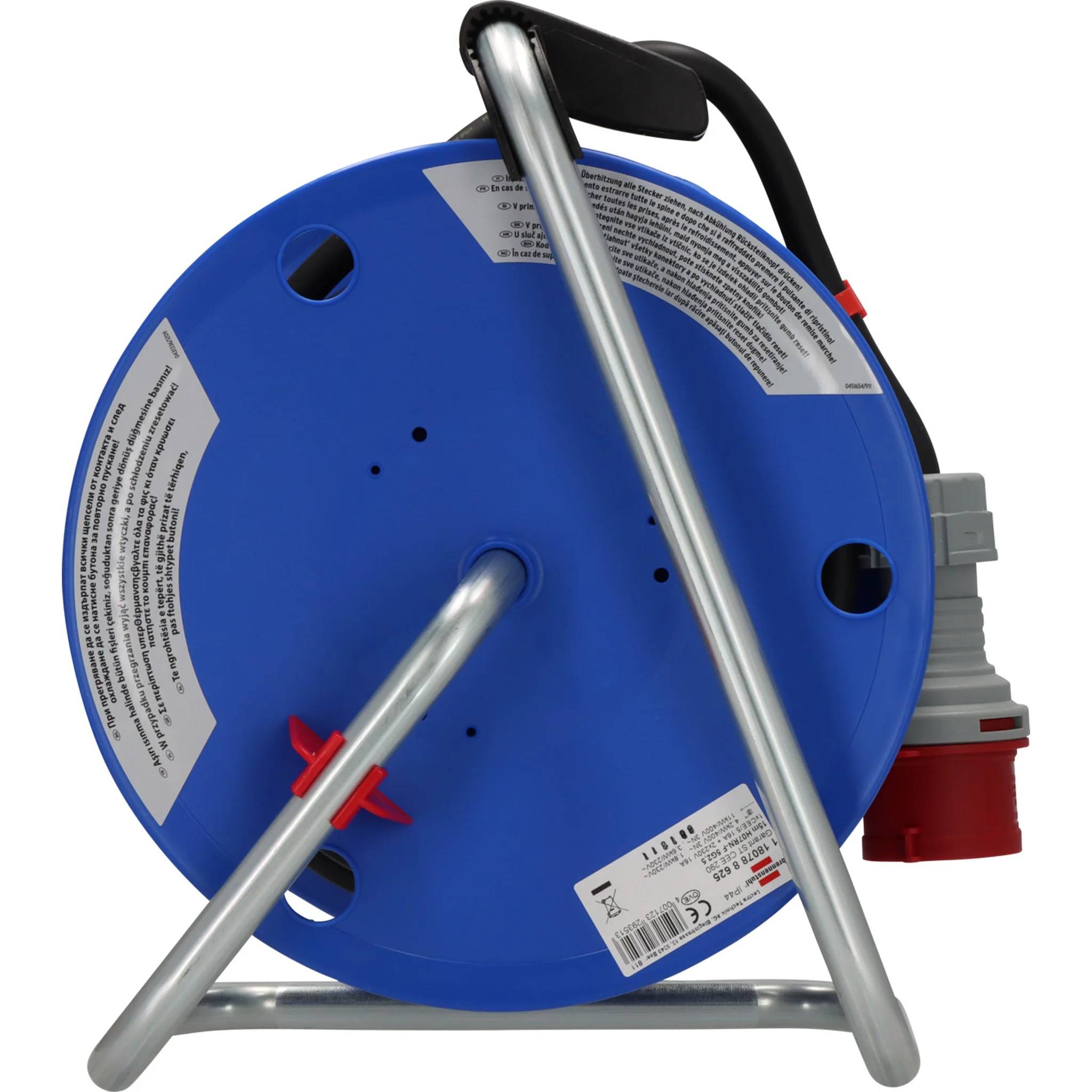 Blaufahrspule mit schwarzem Griff, Metallständer und grau-roter Steckdose angebracht.