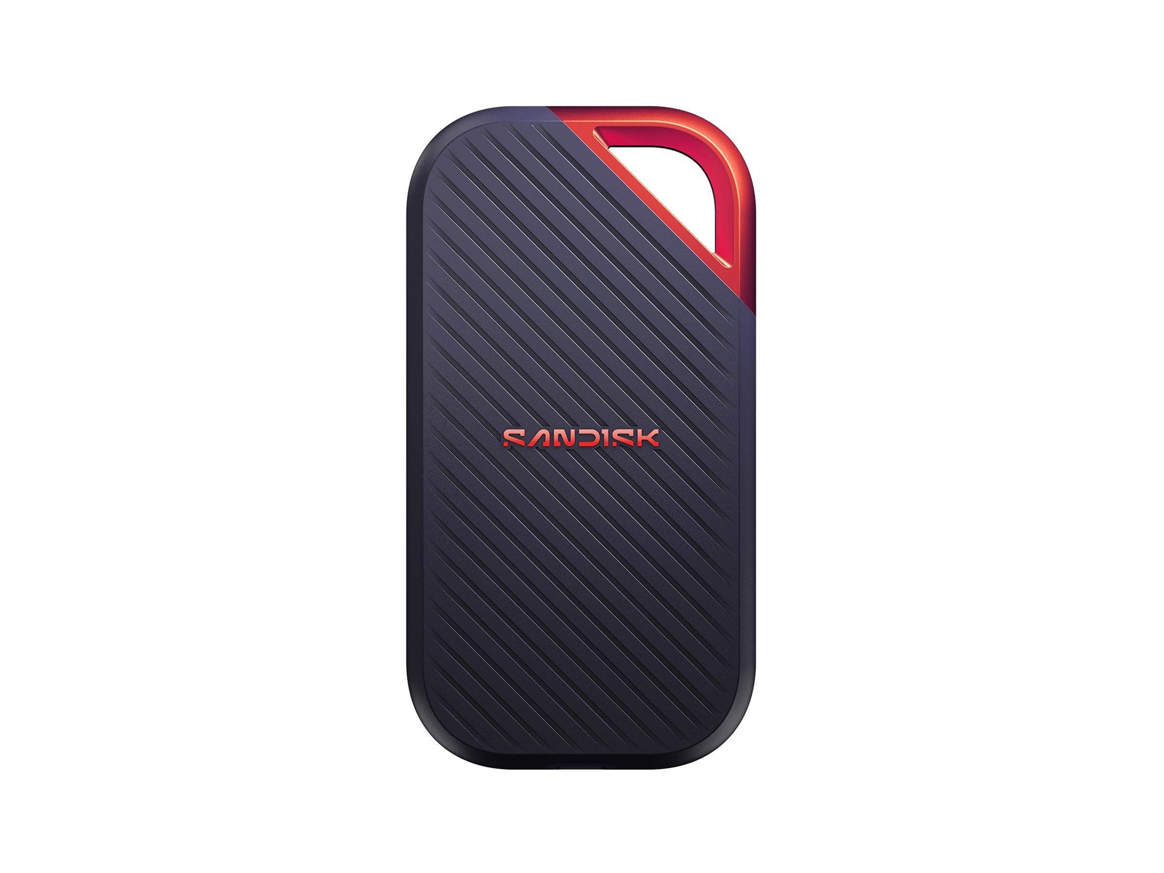 Tragbares SanDisk externes SSD-Laufwerk mit dunkler gerippter Gehäuseverzierung und rotem Griffakzent.