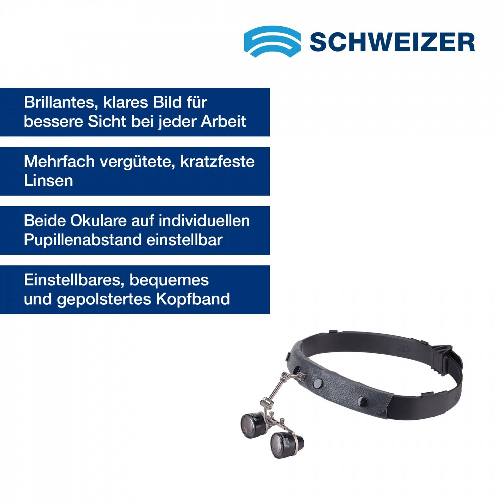 Schweizer-Ferngläser mit verstellbarem Kopfband und deutschen Funktionsbeschreibungen: klares Bild, kratzfeste Linsen, verstellbarer Pupillendistanz, gepolstertes Kopfband.