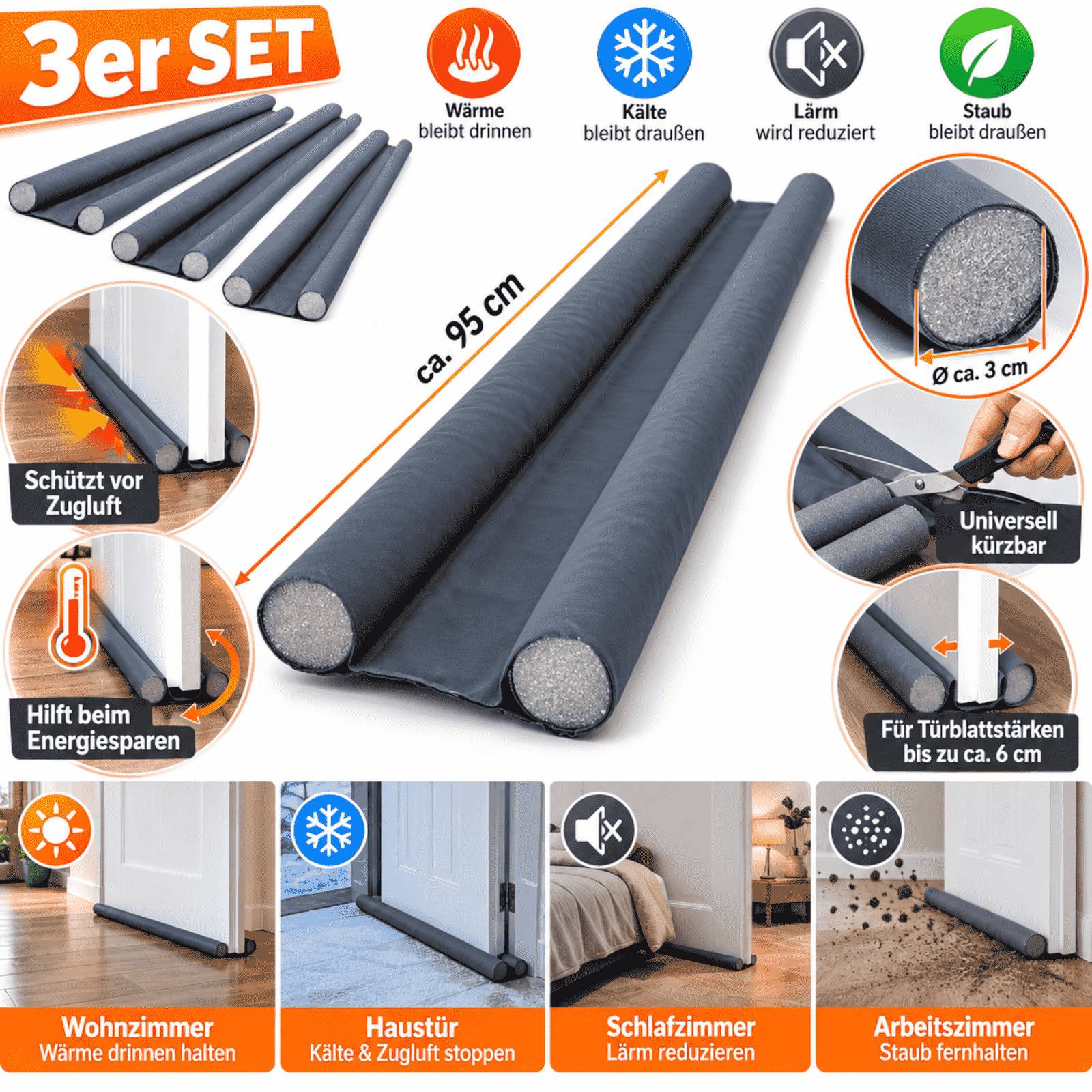 Produktbild von 3er SET Schaumstoff-Zugluftstopper, etwa 95 cm lang und 3 cm breit, zuschneidbar bis zu 6 cm Türen, blockiert Kälte, Lärm und Staub.