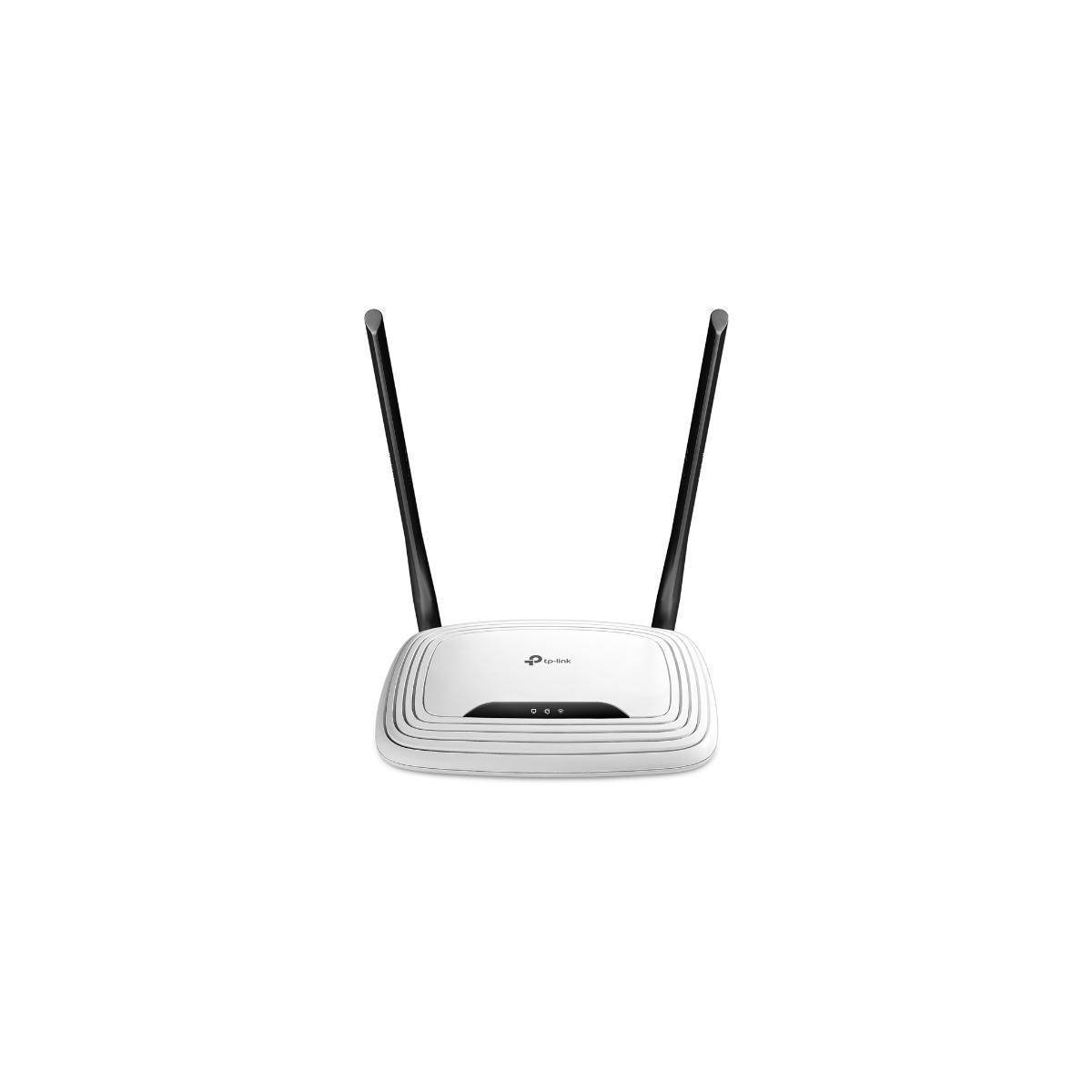 Weißer kabelloser Router mit zwei aufrecht stehenden Antennen auf einem einfachen weißen Hintergrund.