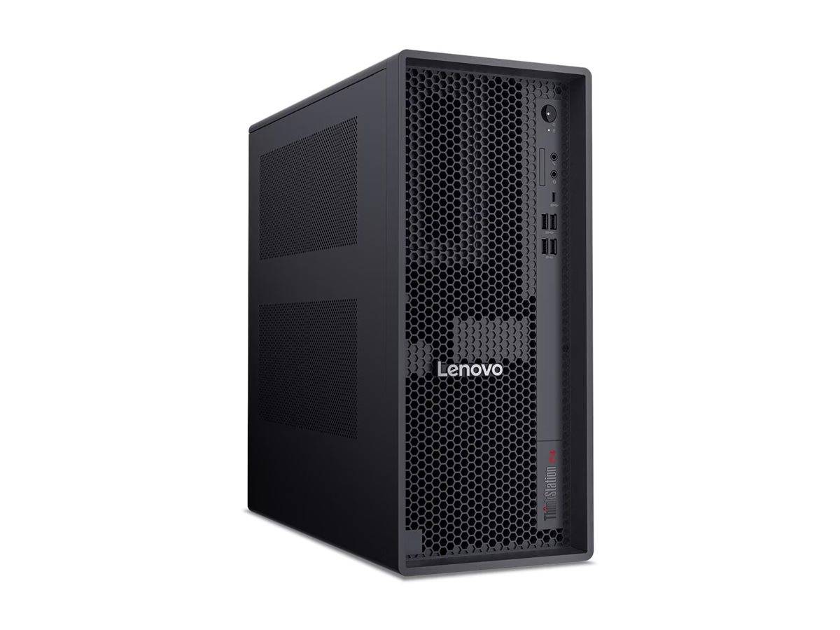 Schwarzes Lenovo-Desktop-Turm-Computergehäuse in Schrägansicht auf weißem Hintergrund.