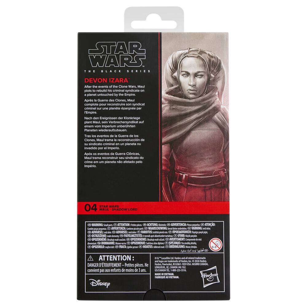 Star Wars Die Schwarze Serie Devor Izzara Actionfigur Verpackung, mit Charakterporträt, mehrsprachige Beschreibung, Alterswarnung und Disney-/Hasbro-Logos.
