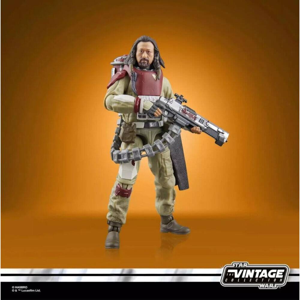 Star Wars Vintage Collection Actionfigur eines bärtigen Kriegers, der ein großes Blaster gegen einen orangefarbenen Hintergrund hält.