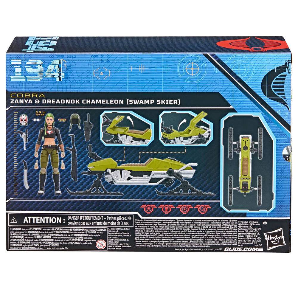 Spielzeugverpackung für Cobra Zanya und Dreadnok Chameleon Swamp Skier, die die Figur, das Fahrzeug und das Zubehör in der Schachtel zeigt.
