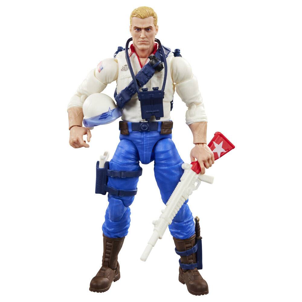 Actionfigur eines blonden Soldaten in blauen Hosen und braunen Stiefeln, der einen weißen Helm und ein weißes Gewehr mit roten Akzenten hält, stehend auf einem schlichten weißen Hintergrund.