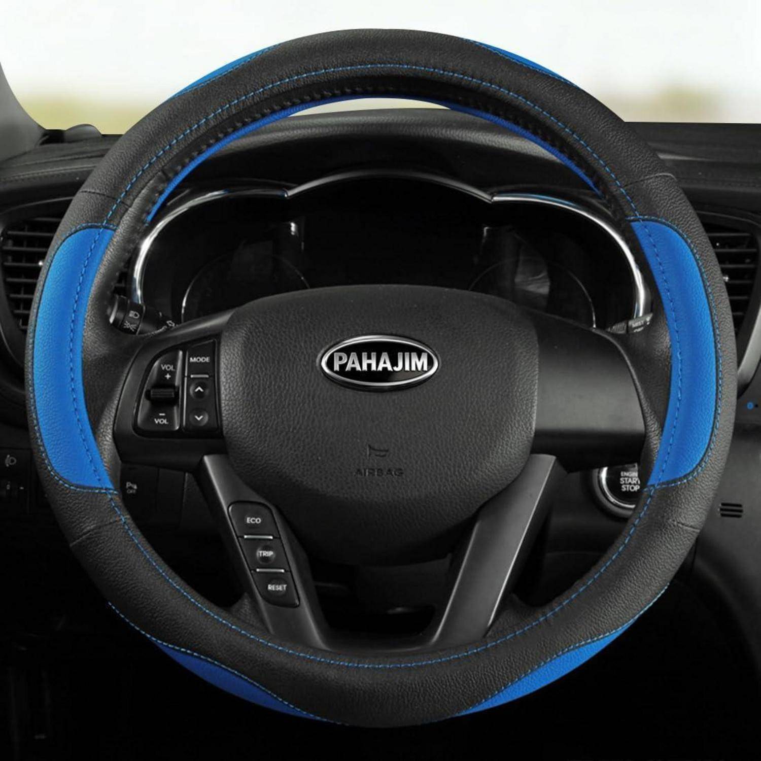 Pahajim Lenkradbezug Microfiber Schwarz Blau 38cm Universal in Lederoptik