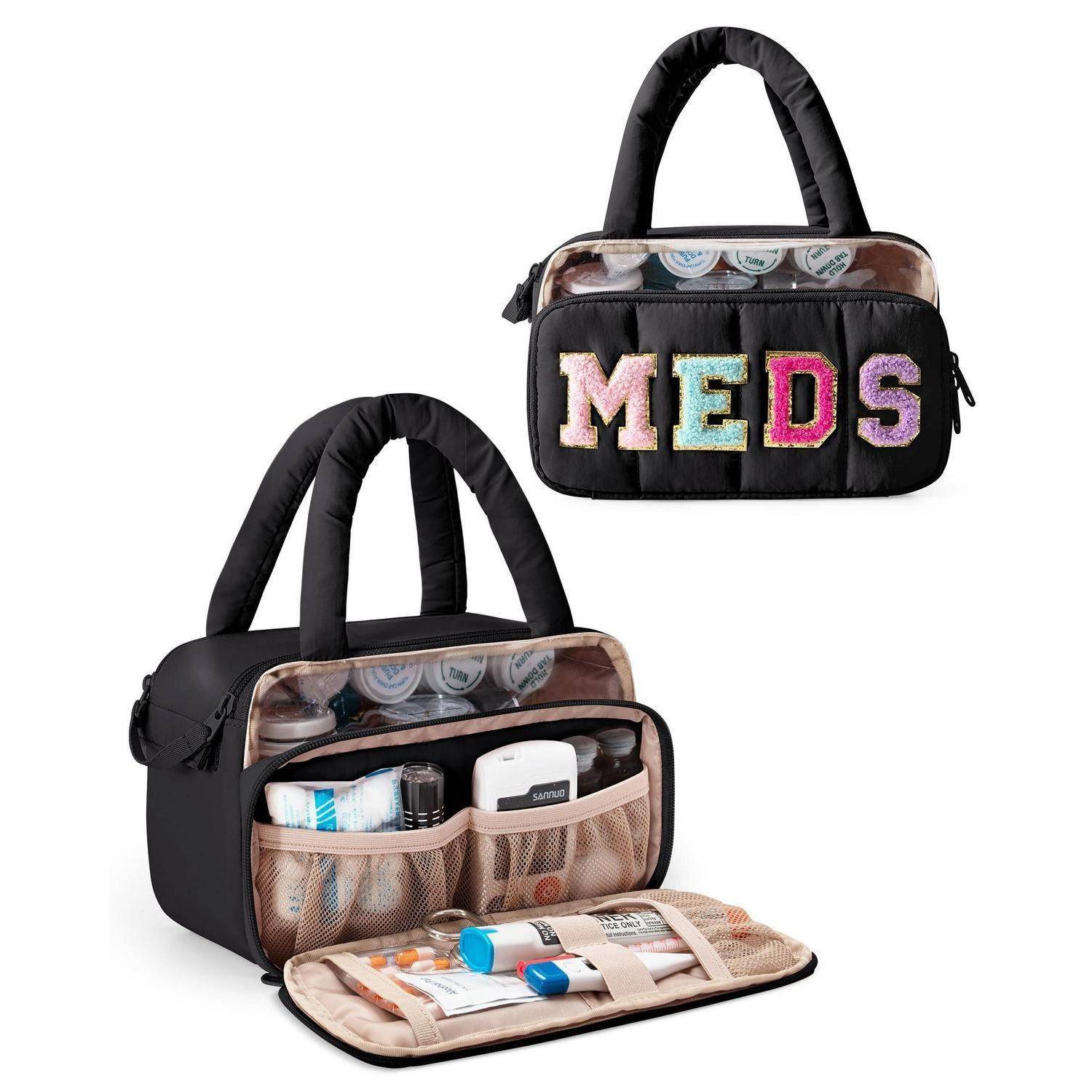 Schwarze Medikamenten-Organizer-Tasche mit Griff und vorderen Taschen, mit der Aufschrift 