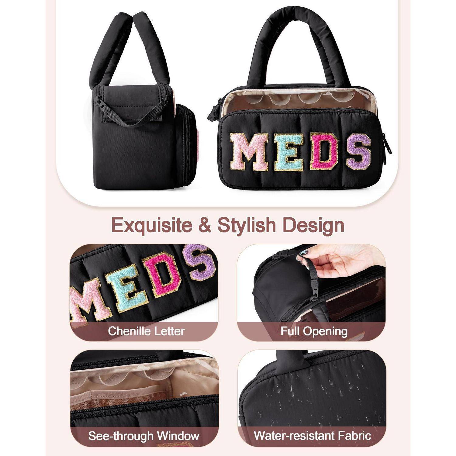 Schwarze isolierte Lunchbox mit Chenille-Buchstaben „MEDIKAMENTE", von vorne und von der Seite gezeigt, mit vollständiger Öffnung, durchsichtigem Fenster und wasserresistentem Stoff.