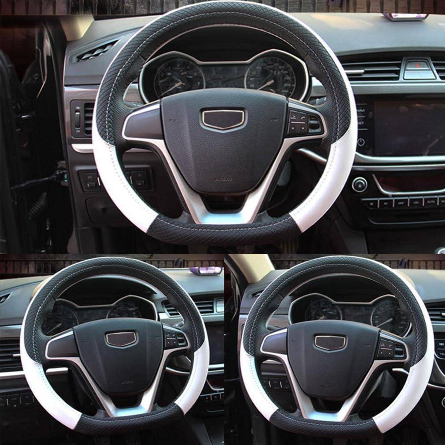 Collage eines Autoinnenraums mit einem schwarz-weißen Aftermarket-Lenkrad, das anstelle des Original-Lenkrads eingebaut ist.