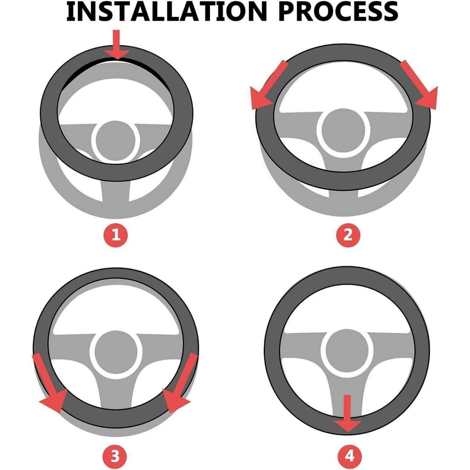Installationsprozessdiagramm, das zeigt, wie eine Lenkradbezug in vier nummerierten Schritten gedehnt und über das Lenkrad gezogen wird, mit roten Pfeilen, die die Platzierung um das Lenkrad angeben.
