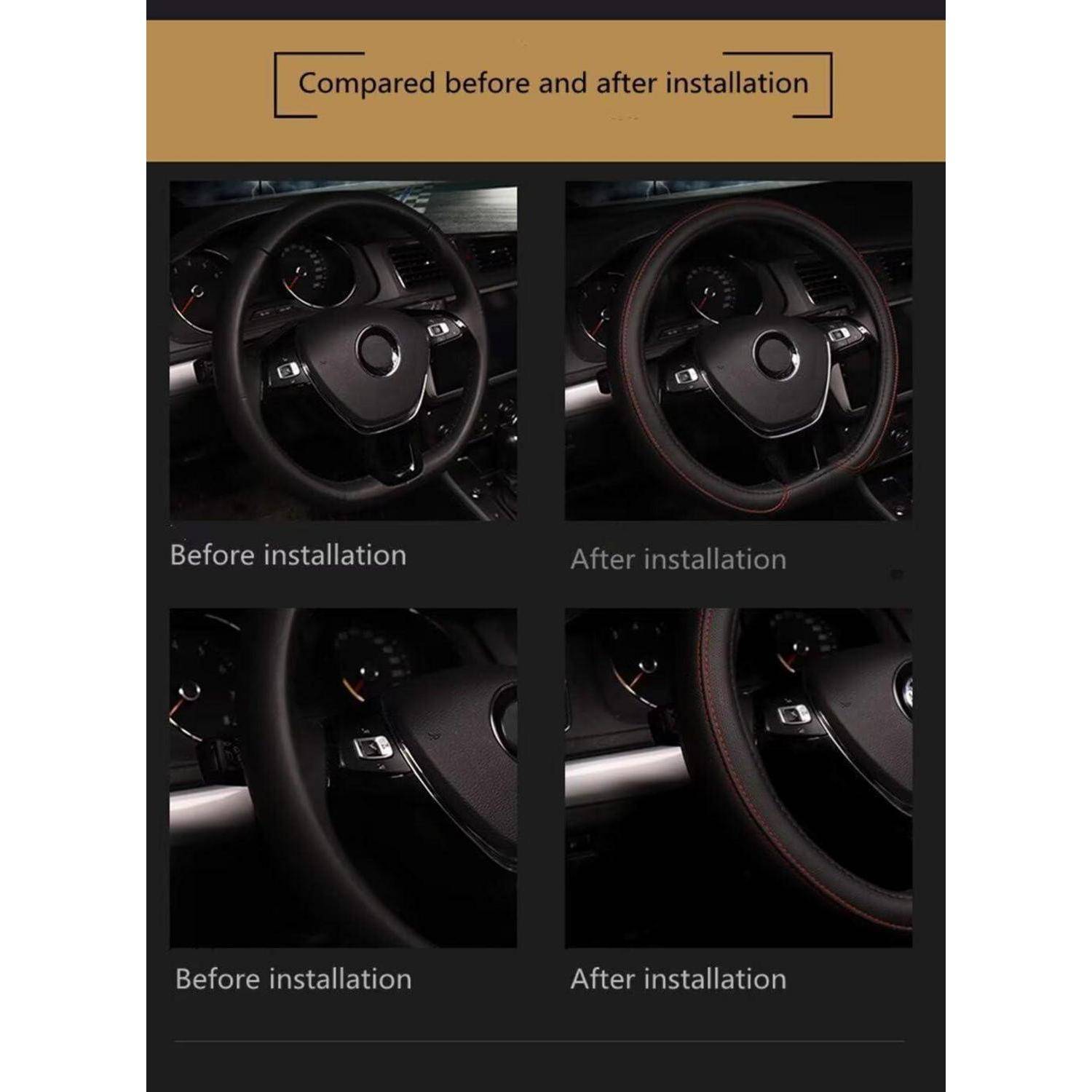 Vergleichsgrafik, die ein Auto-Lenkrad vor und nach der Installation einer roten Akzentabdeckung zeigt, mit vier Nahaufnahmen mit den Beschriftungen „Vor der Installation" und „Nach der Installation"".