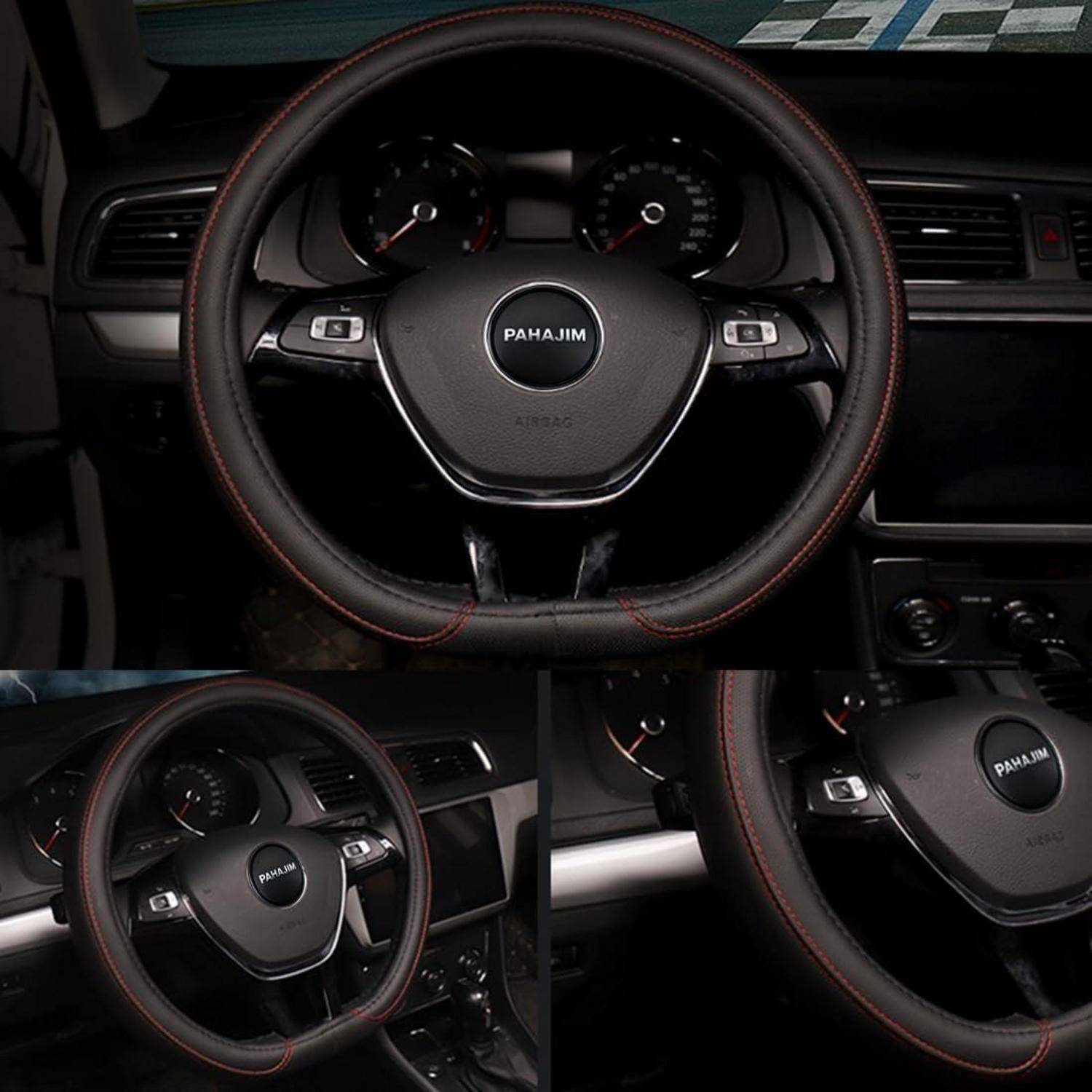 Collage eines schwarzen Lederlenkrads und Armaturenbretts eines Autos mit roter Naht und einem „PAJAM"-Logo auf der mittleren Nabe.