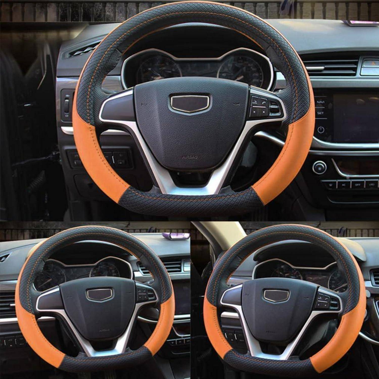Drei Ansichten eines Lenkrads eines Autos mit einer orange-schwarzen Abdeckung, die in das Armaturenbrett und die Mittelkonsole eingebaut ist.