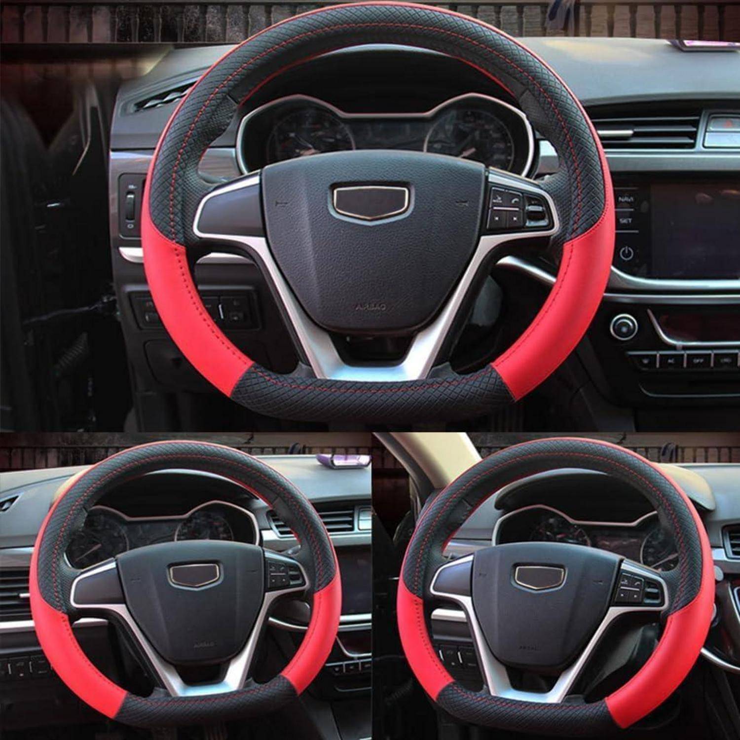 Drei Ansichten eines Autolenkrads mit installierter rot-schwarzer Lenkradabdeckung, gezeigt im Fahrzeuginnenraum.
