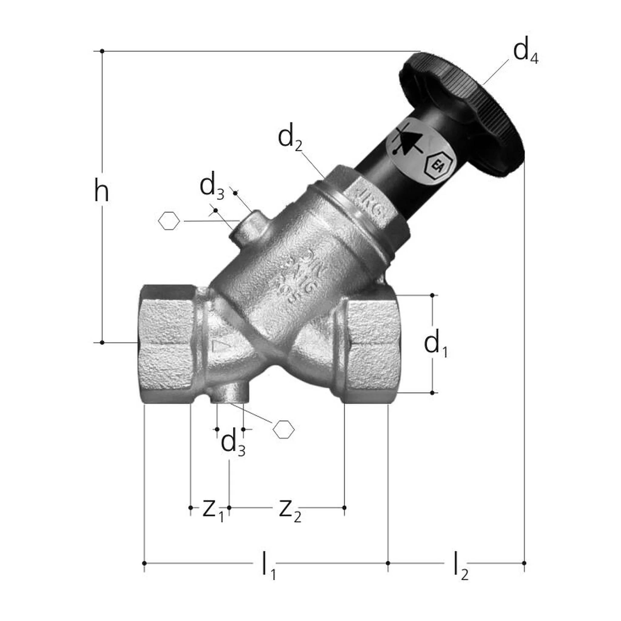 Technisches Schaubild eines Y-Filterventils, das den Ventilkörper und beschriftete Abmessungen h, d1, d2, d3, d4, l1, l2, z1 und z2 zeigt.