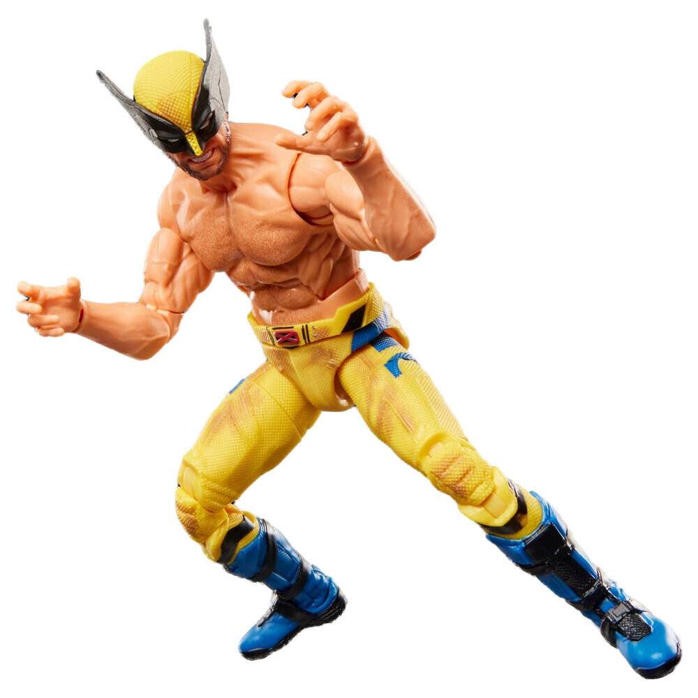 Wolverine-Actionfigur in angespannter Kampfpose auf weißem Hintergrund, trägt gelbes und blaues Kostüm mit ausgefahrenen Krallen.
