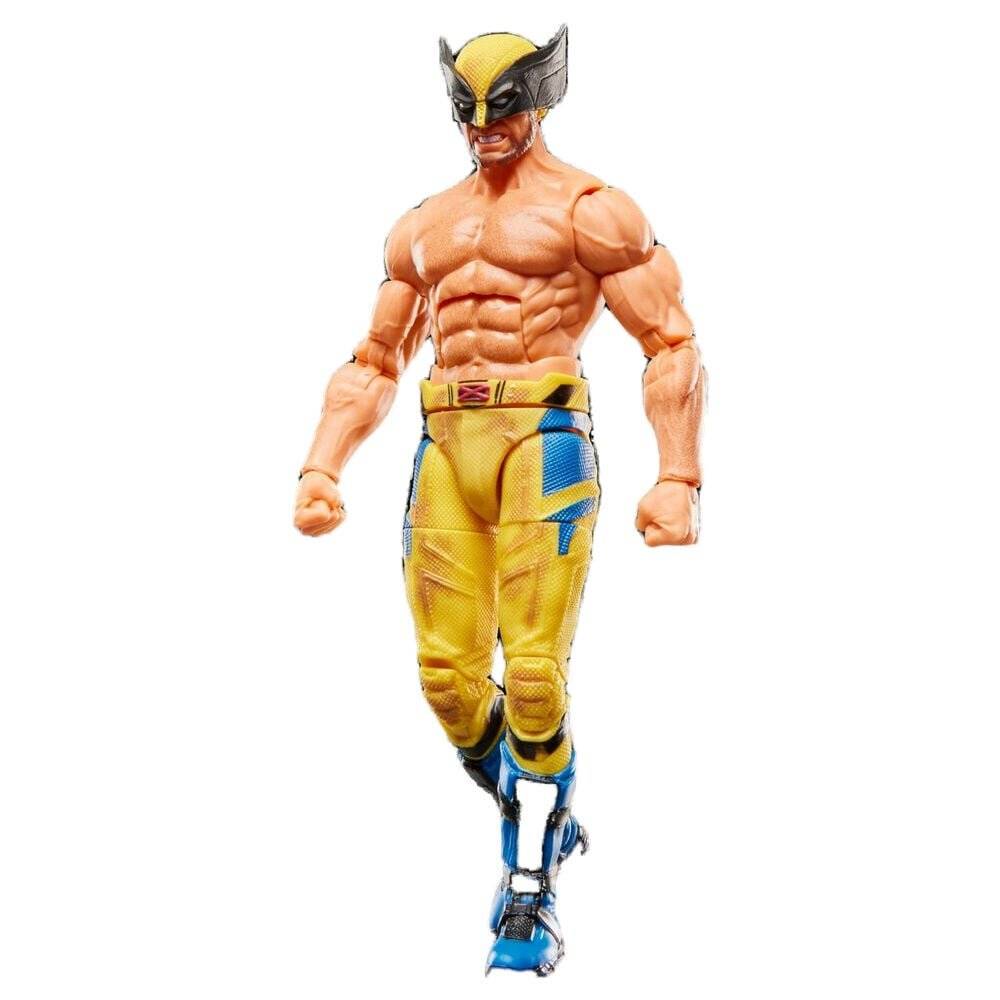Actionfigur von Wolverine in gelbem und blauem Kostüm, stehend vor weißem Hintergrund.