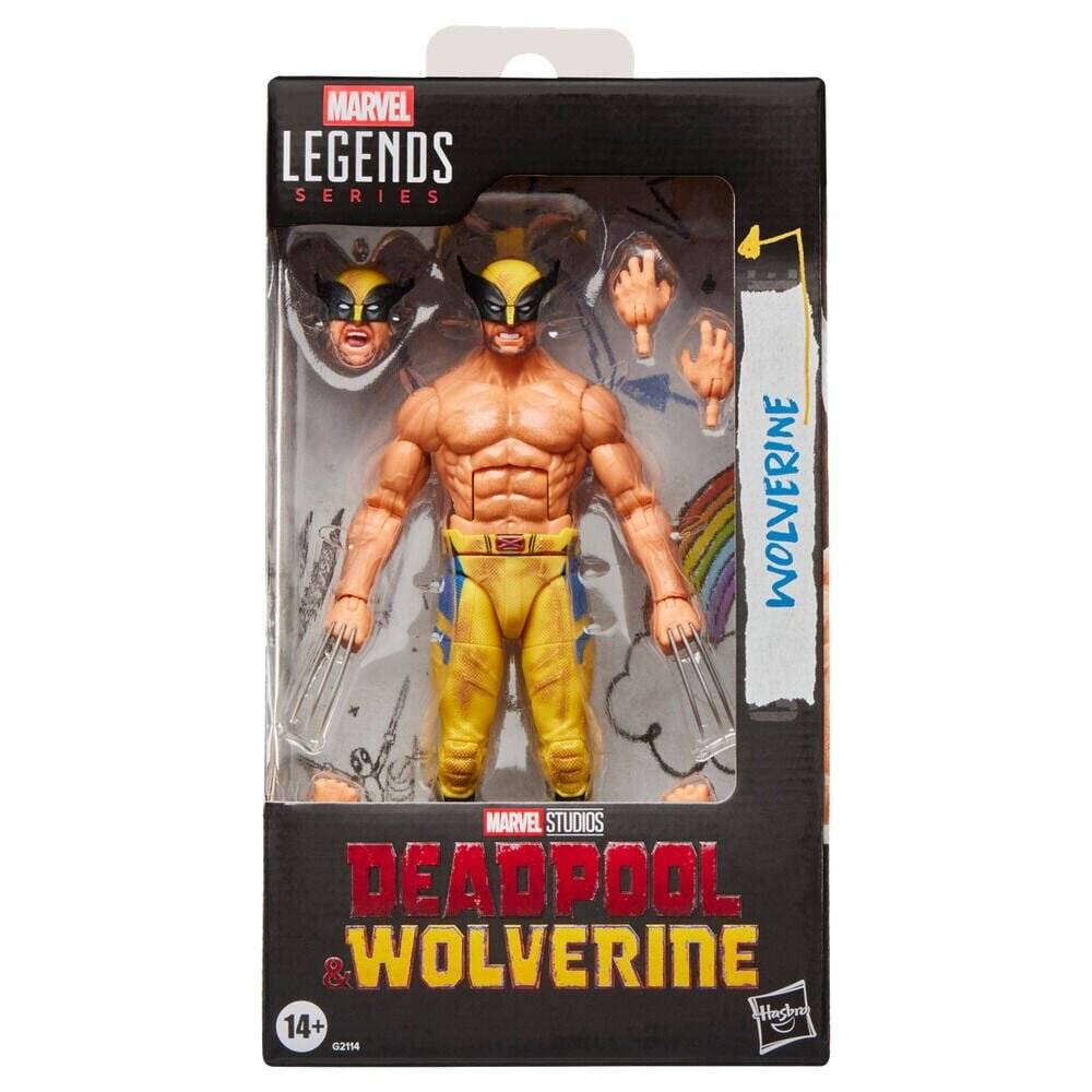 Marvel Legends Series Wolverine-Actionfigur in Verpackung mit austauschbarem Kopf und Händen; Marvel Studios Deadpool & Wolverine-Branding und Altersangabe „14+".