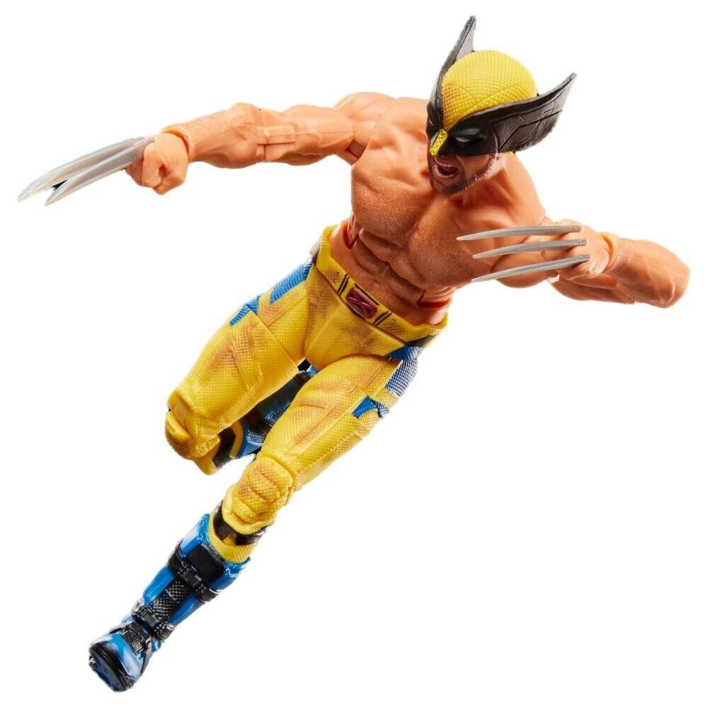 Wolverine-Actionfigur in der Luft posiert mit ausgefahrenen Krallen, trägt gelbes Kostüm und schwarze Maske auf weißem Hintergrund.