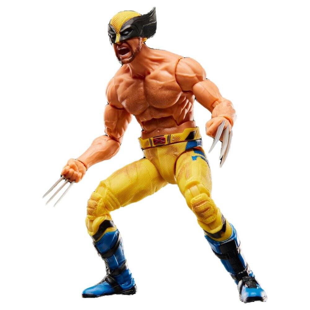 Actionfigur von Wolverine in einer gebeugten Angriffsposition, trägt gelbes und blaues Kostüm mit ausgefahrenen Krallen und Maske auf weißem Hintergrund.