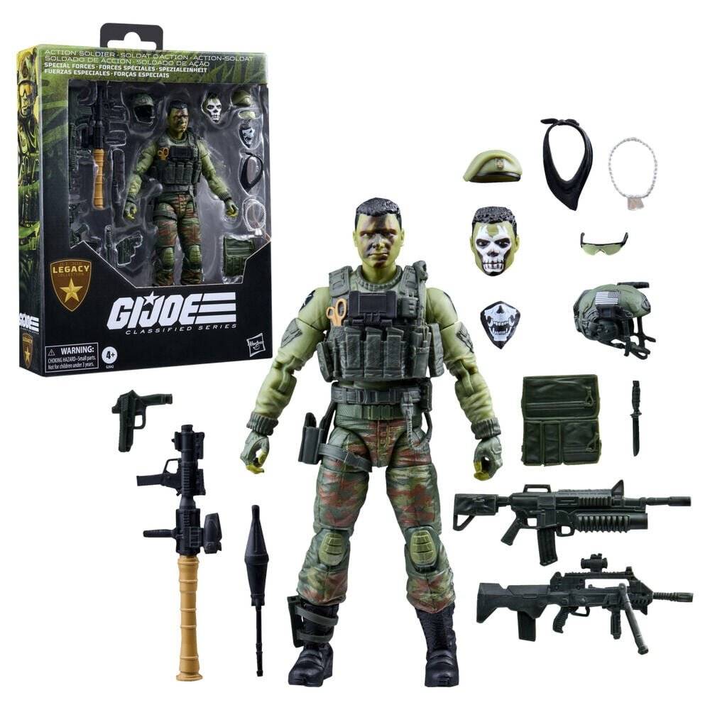 G.I. Joe Actionfiguren-Set mit einer Soldatenfigur, Waffen, Masken, Helm, Weste, Zubehör und einer Einzelhandelskarton mit Markennamen.