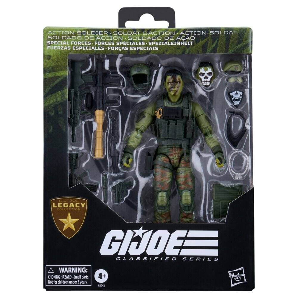 G.I. Joe Classified Series Actionfigur in Verpackung, zeigt einen grün tarnbemalten Spezialeinheitssoldat mit Gewehr und Zubehör, ab 4 Jahren