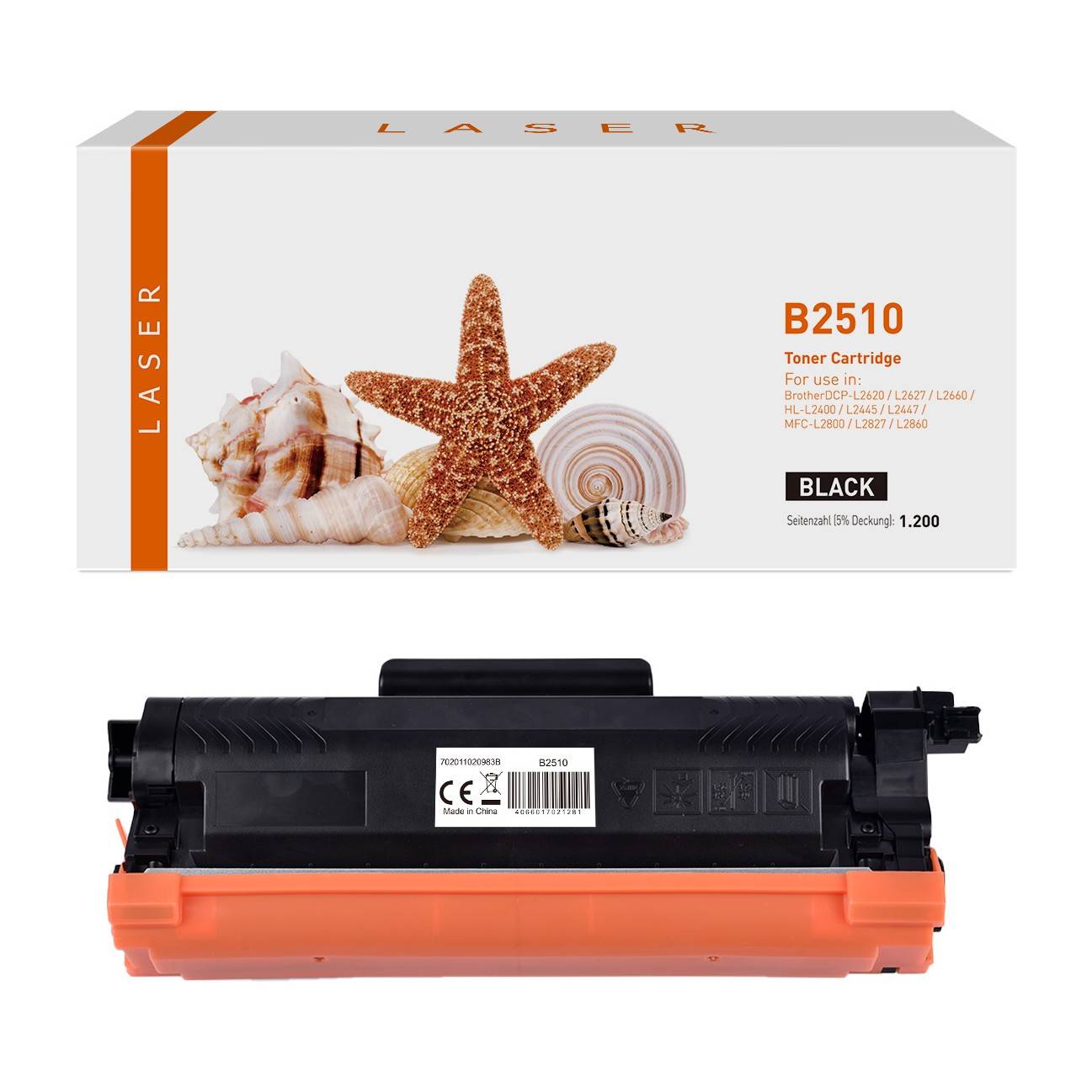 Laser B2510 schwarze Tonerkartusche Schachtel und die Kartusche selbst, dargestellt mit Muschel-Grafiken auf der Verpackung.