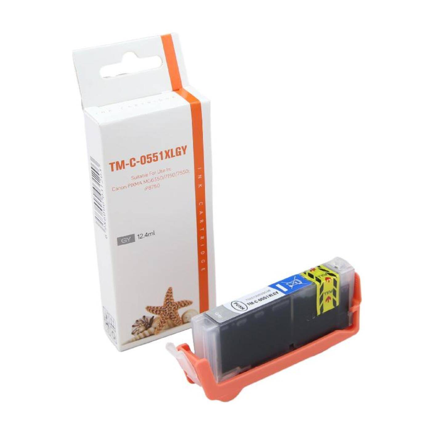 Tintenpatrone in orangefarbener Halterung neben ihrer weißen Einzelhandelsverpackung mit der Bezeichnung TM-C0551XLGY.