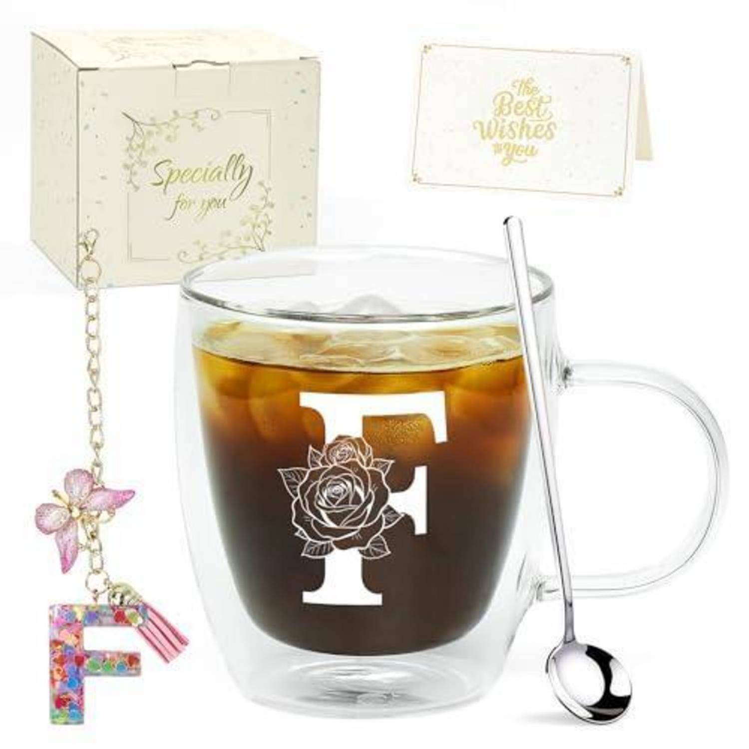 Tee-Geschenkset mit transparenter Tasse mit Markierung "F"", Löffel und dekorativem Karton/Etikett mit der Aufschrift ""Speziell für dich"" und ""Alles Gute für dich"".