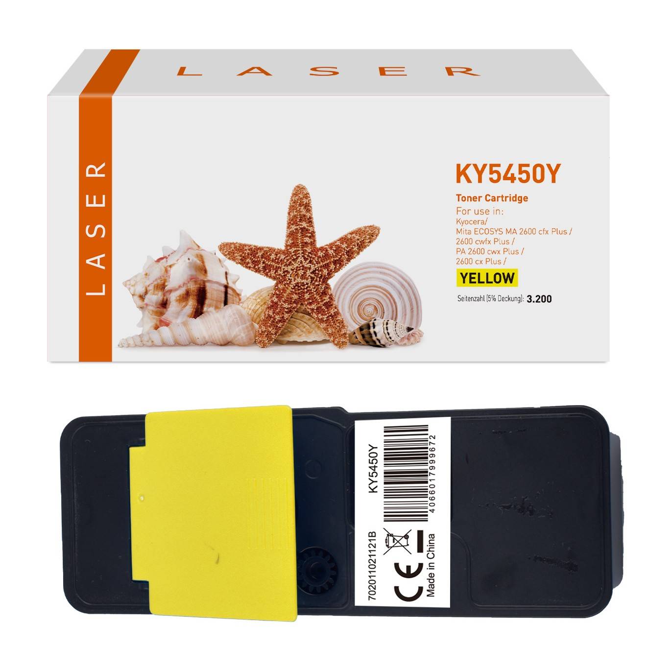 Produktbild einer gelben KY5450Y-Tonerkartusche und ihrer LASER-Markeneninkaufsbox, beide auf weißem Hintergrund dargestellt.