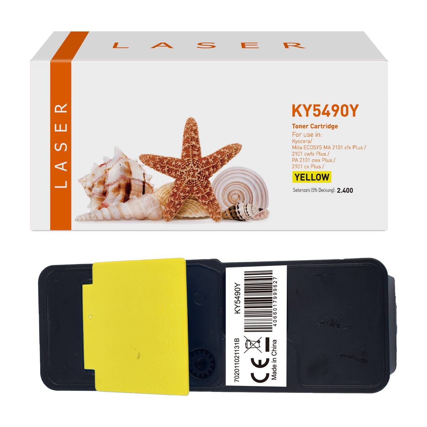 Lasertoner-Kartusche KY5490Y Gelb mit Verpackung und Kartusche, mit Muschel-/Seestern-Kunstwerk und Etikett mit Angabe von 2.400 Seiten Reichweite.