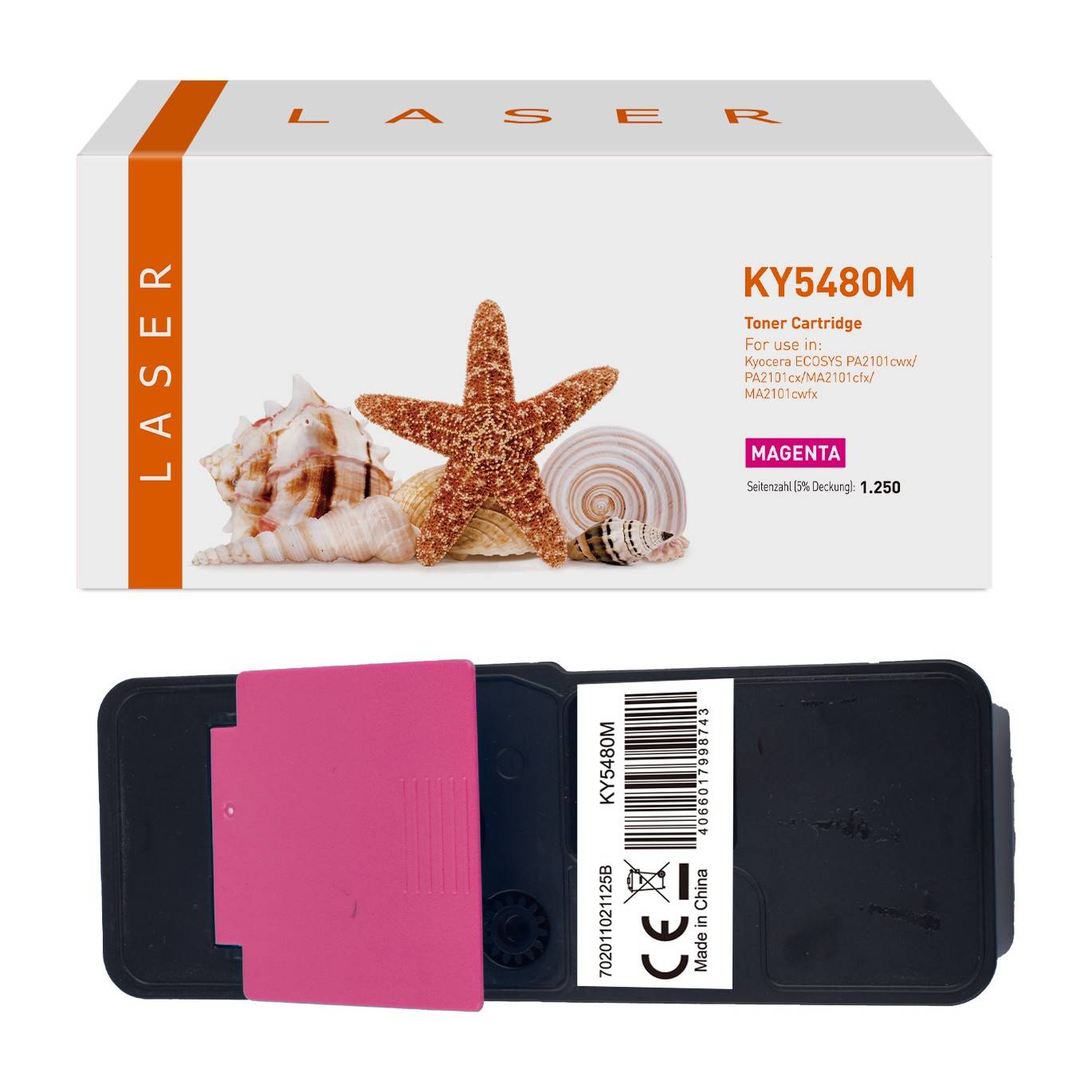 Magenta-Tonerpatrone Laser KY5480M, dargestellt mit ihrer Einzelhandelsverpackung und der Patrone selbst, gekennzeichnet für die Verwendung in ECOSYS-Druckern.
