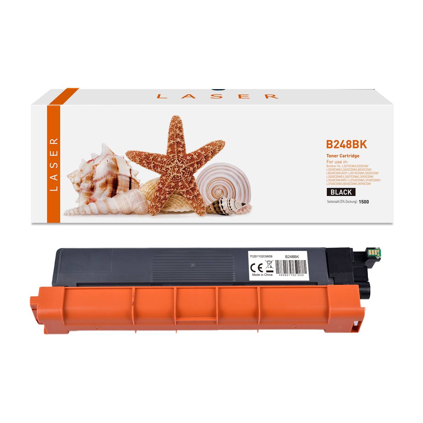 Laser B248BK schwarze Tonerpatrone abgebildet mit ihrer weißen Produktschachtel mit Muscheln und einem Seestern.