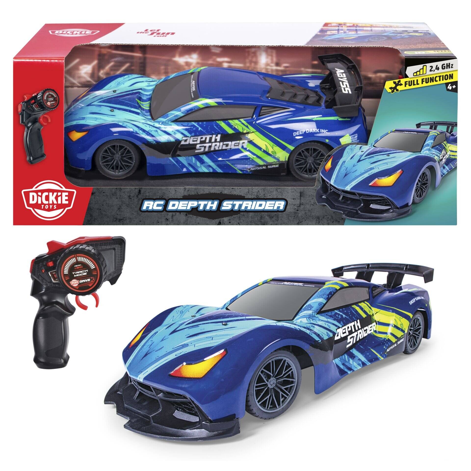 Verpackter Dickie Toys RC Depth Striker Fernsteuer-Rennwagen mit Controller, gezeigt mit blauem und limegrünem Sportwagen und 2,4-GHz-Vollfunction-Etikett.